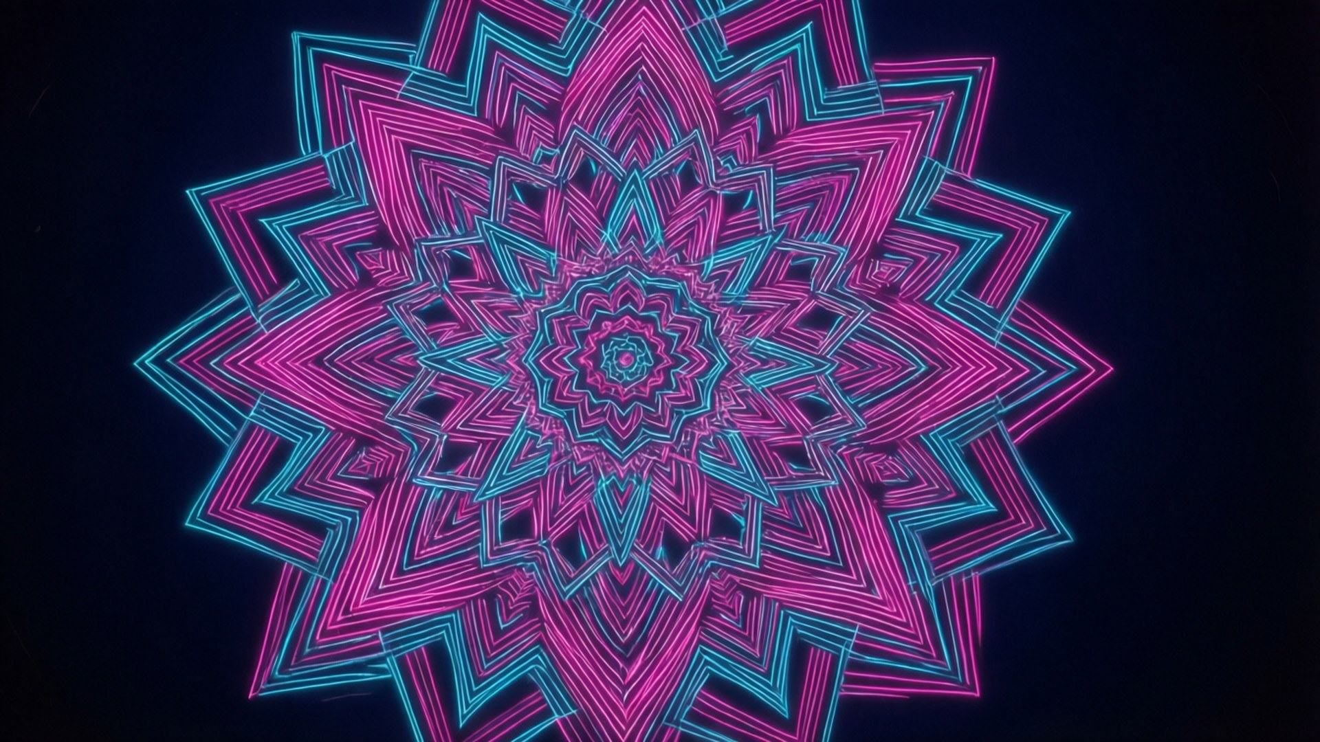 鮮豔的霓虹粉紅和青色幾何曼陀羅圖案在黑色背景上發光。