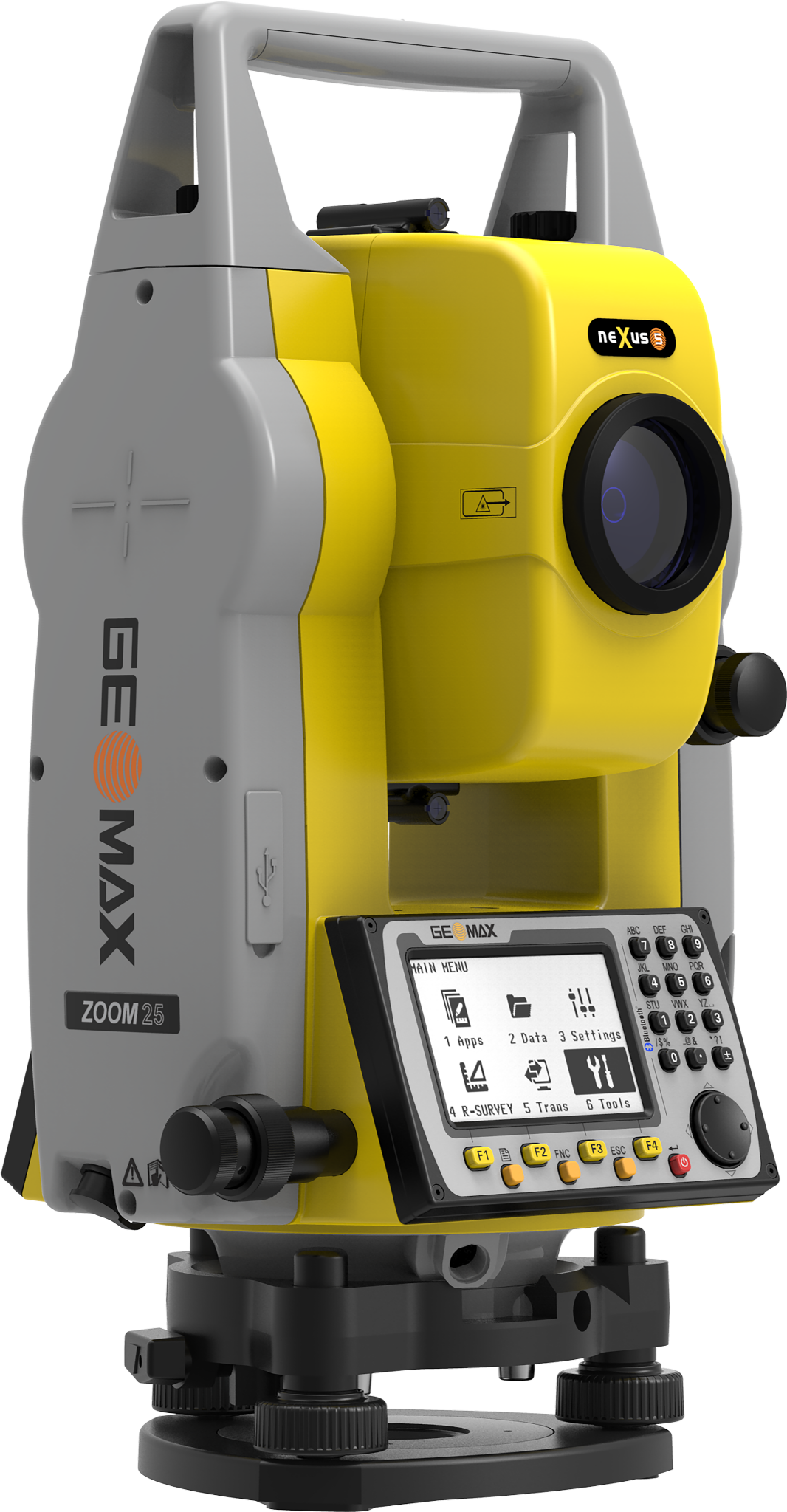 Ge Max Zoom25 全站儀 壁紙 — 亮黃色和灰色的 Geomax ZOOM 25 全站儀測量儀器，帶數碼顯示屏和控制按鈕。