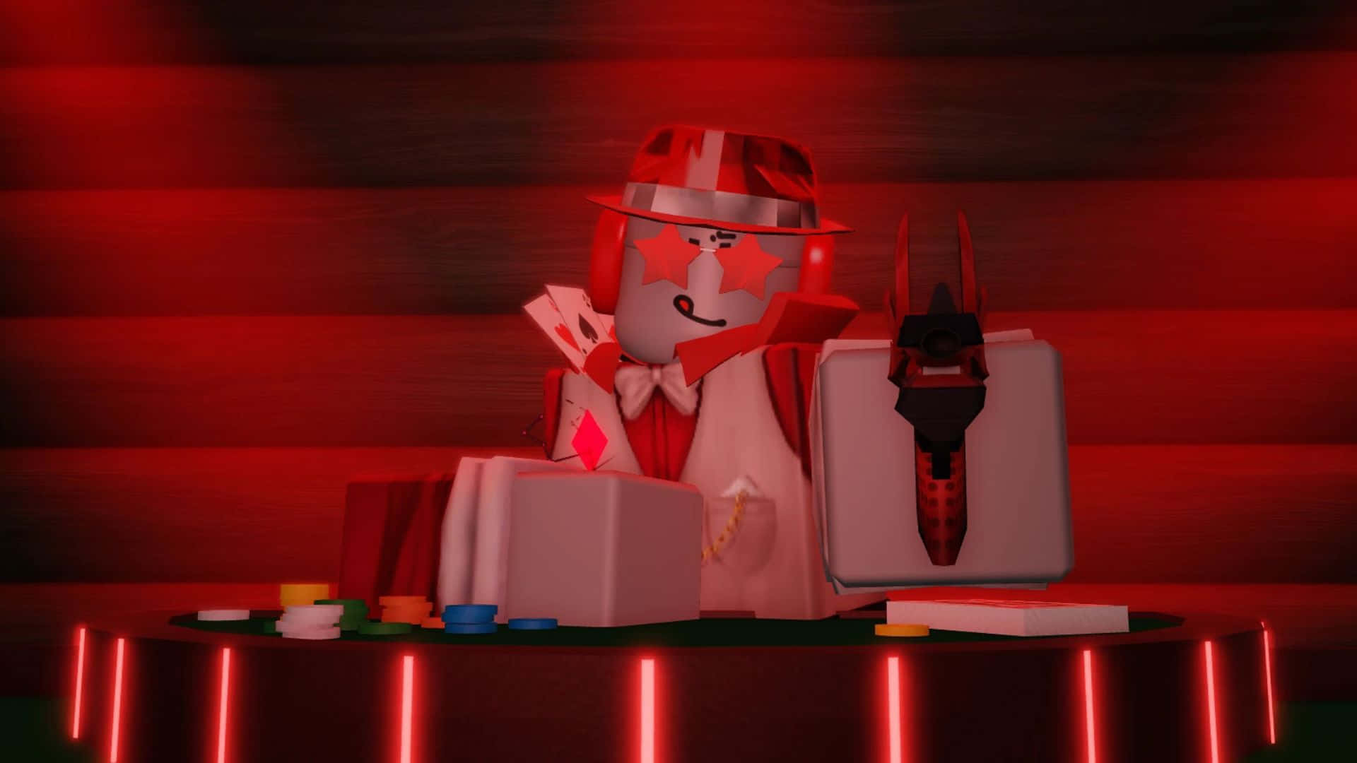  壁紙 — 一個 Roblox 風格的卡通角色，戴著紅色軟呢帽、穿著西裝，坐在賭桌旁，在紅色燈光下拿著撲克牌。