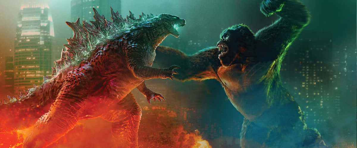 Godzilla X Kong The New Empire 桌布 壁紙 — 哥斯拉和金剛在熾熱的城市戰場中對決，身後高聳的摩天大樓正在崩塌。