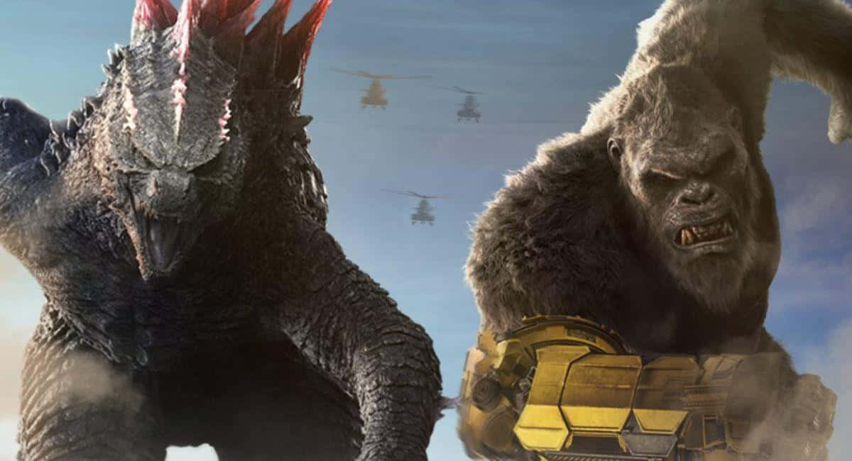 Godzilla X Kong The New Empire 桌布 壁紙 — 哥斯拉和金剛在明亮的天空下，直升機飛過頭頂，展開一場電影般的戰鬥。