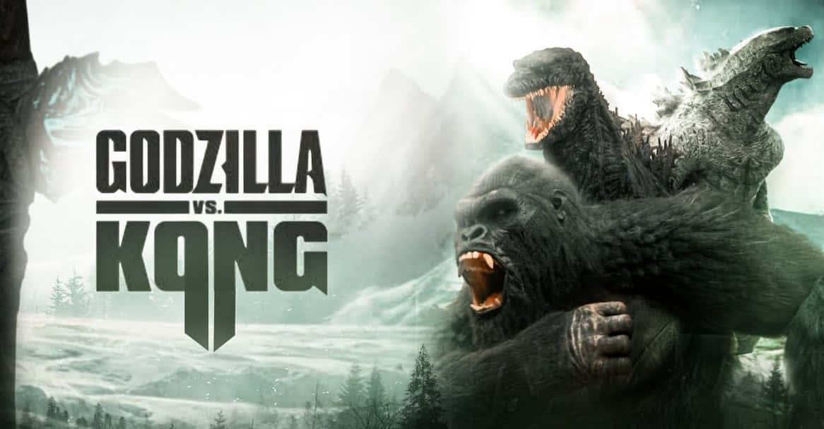 Godzilla X Kong The New Empire 桌布 壁紙 — 哥斯拉與金剛在積雪的山脈和松樹林中，在陰天之下進行史詩般的戰鬥並咆哮。