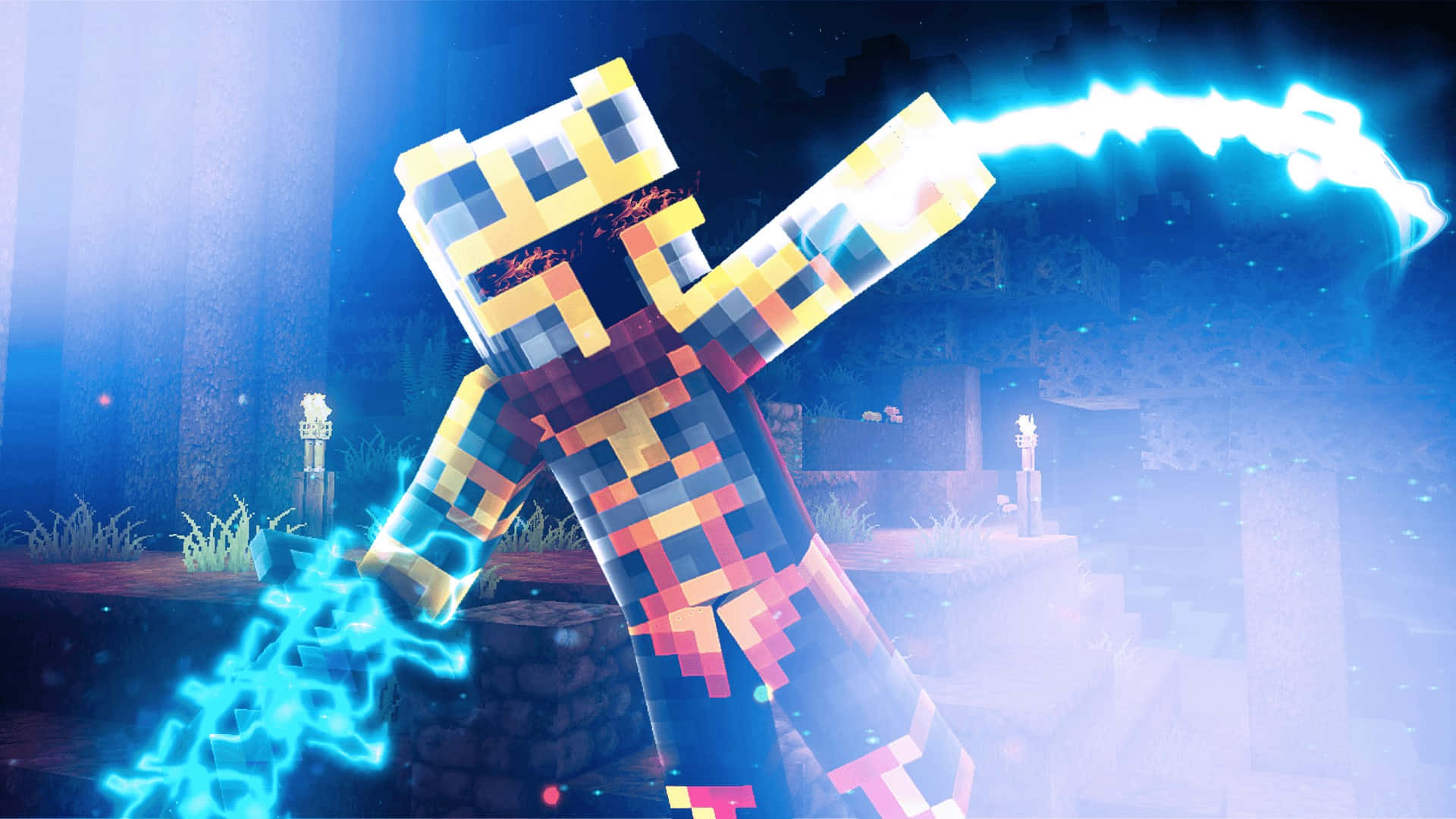  壁紙 — 一個像素化的Minecraft角色在夜晚的神秘森林中揮舞著發光的藍色劍。
