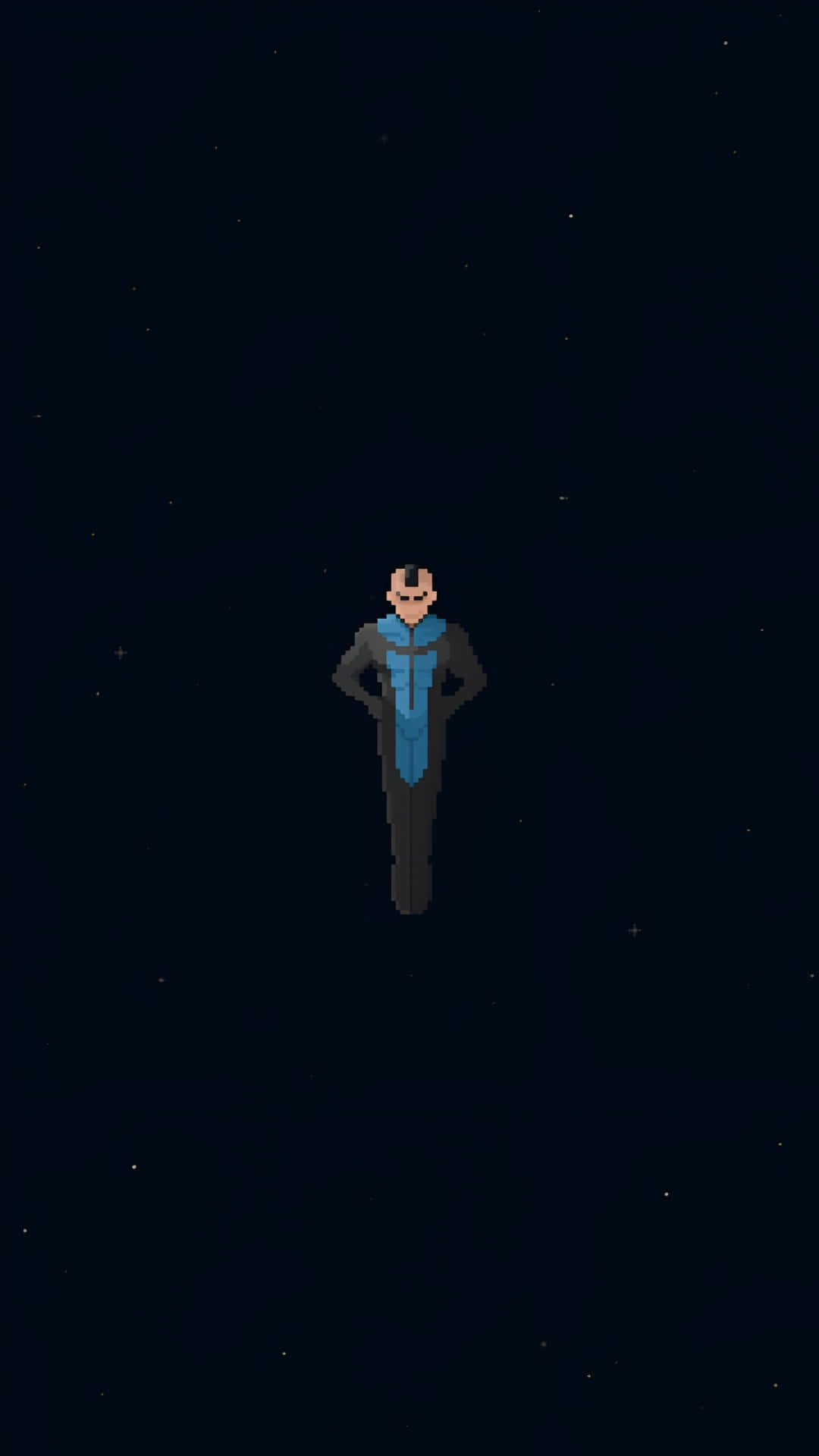  壁紙 — 一個像素化的人物穿著藍色和灰色西裝，獨自站在星空夜空下。