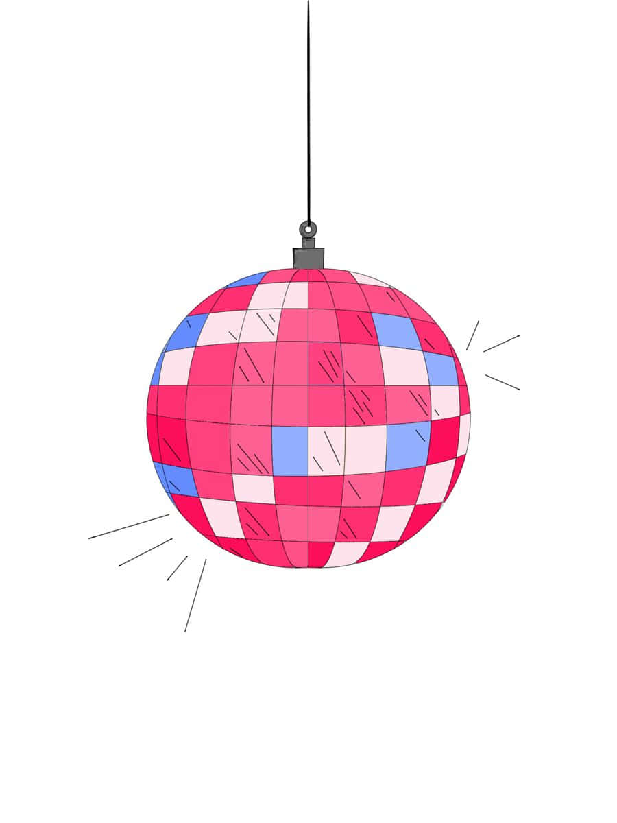  壁紙 — 一個充滿活力的粉紅、藍和白格仔圖案 disco ball 用黑色繩子懸掛著，側面迸發出光線。