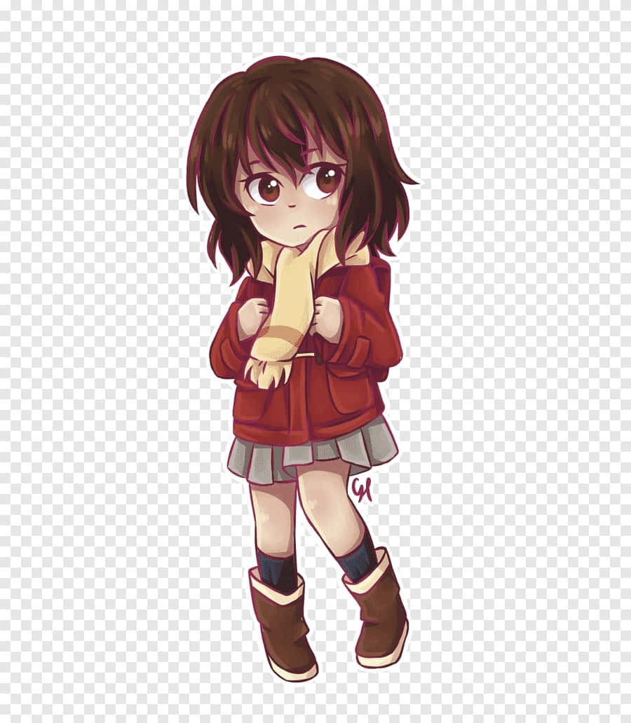 Kayo Hinazuki 桌布 壁紙 — 一個棕色頭髮的Q版動漫女孩穿著紅色外套和靴子，抱著一條黃色圍巾。