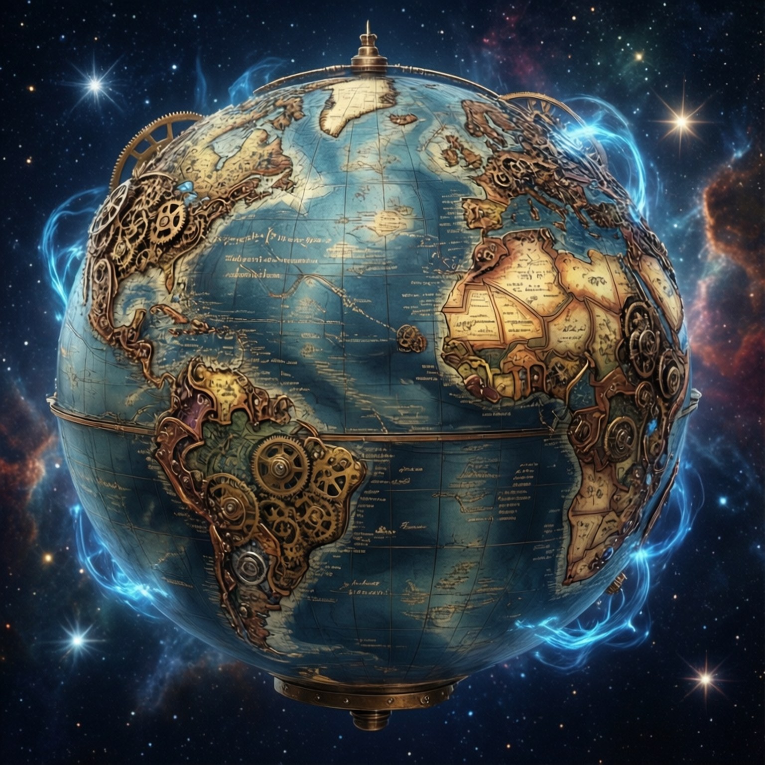 蒸氣龐克地球儀，大陸上有機械齒輪，漂浮在星際星雲中。