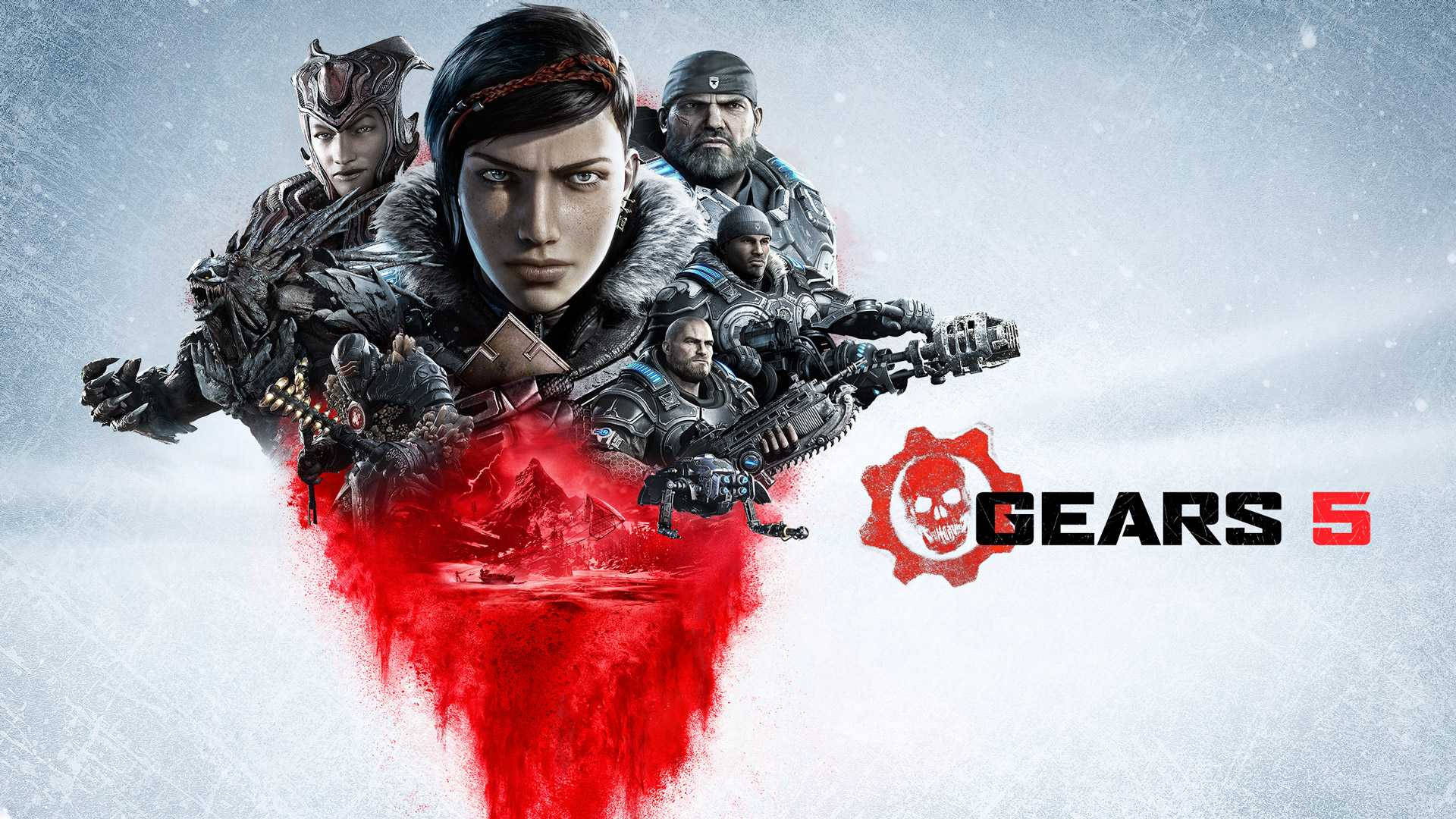 Gears 5 經典標誌圖標 壁紙 — 一群身穿盔甲的戰士在雪地中，下方有紅色血跡般的飛濺。