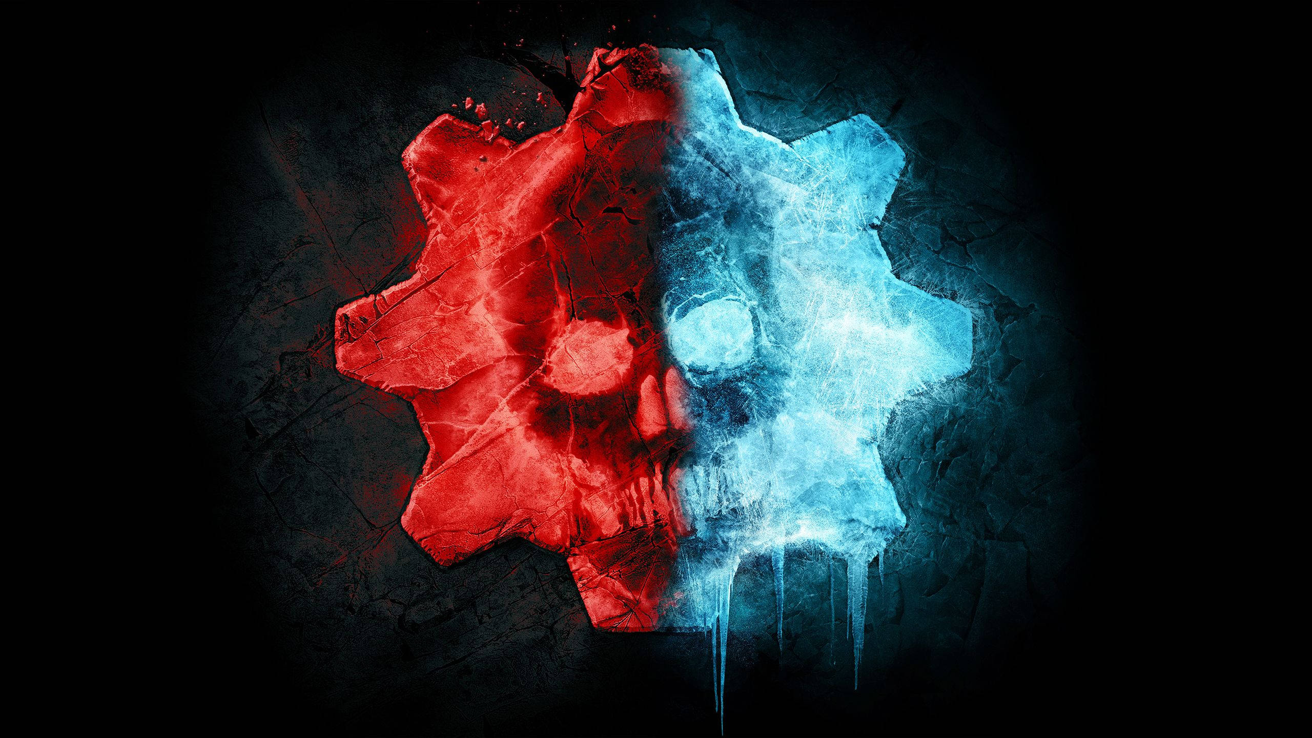 Gears 5 Xbox 遊戲標誌 壁紙 — 一個分裂的齒輪標誌，一半紅色一半藍色，在黑暗的裂牆上發光，帶有冰滴。