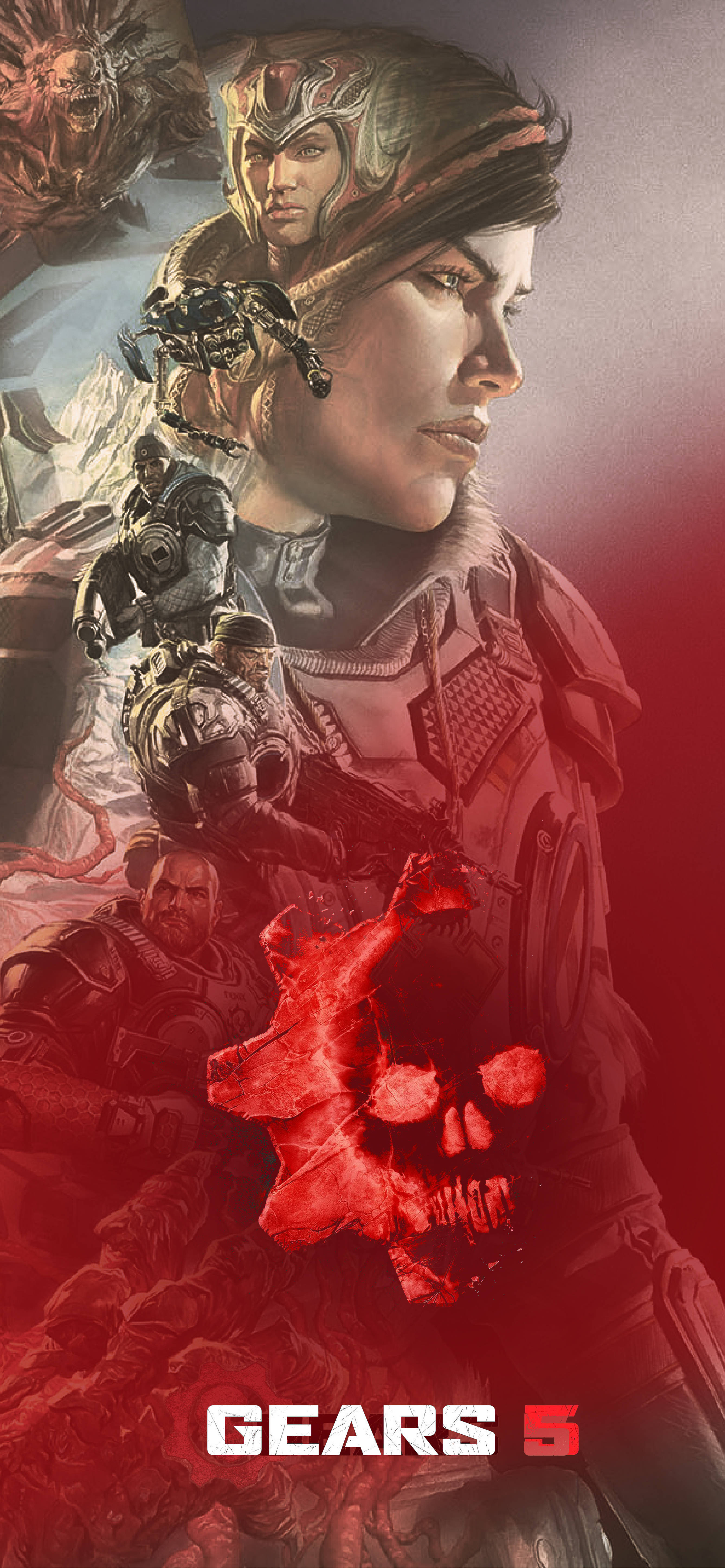 遊戲 桌布 壁紙 — Gears 5 的戲劇性數位藝術海報，展示一位嚴肅的女士兵穿著盔甲，帶有發光的紅色骷髏標誌，以及其他戰士在 gritty 的戰區中。