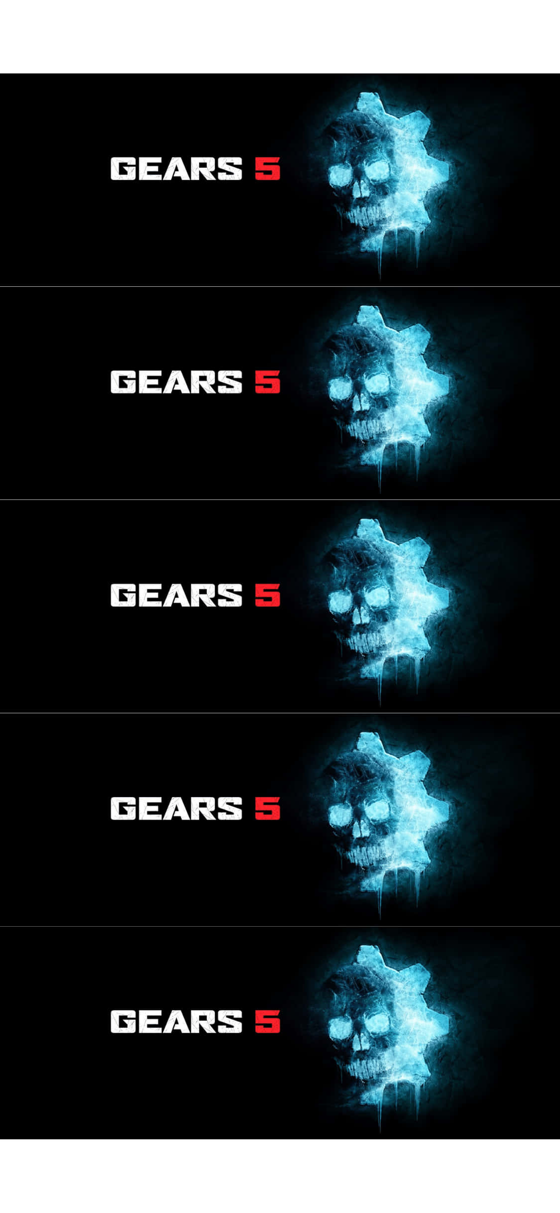 Gears of War 2 - T恤設計 壁紙 — 一個發光藍色骷髏標誌，帶有滴落效果，在黑色背景上重複五次，並帶有「GEARS 5」文字。