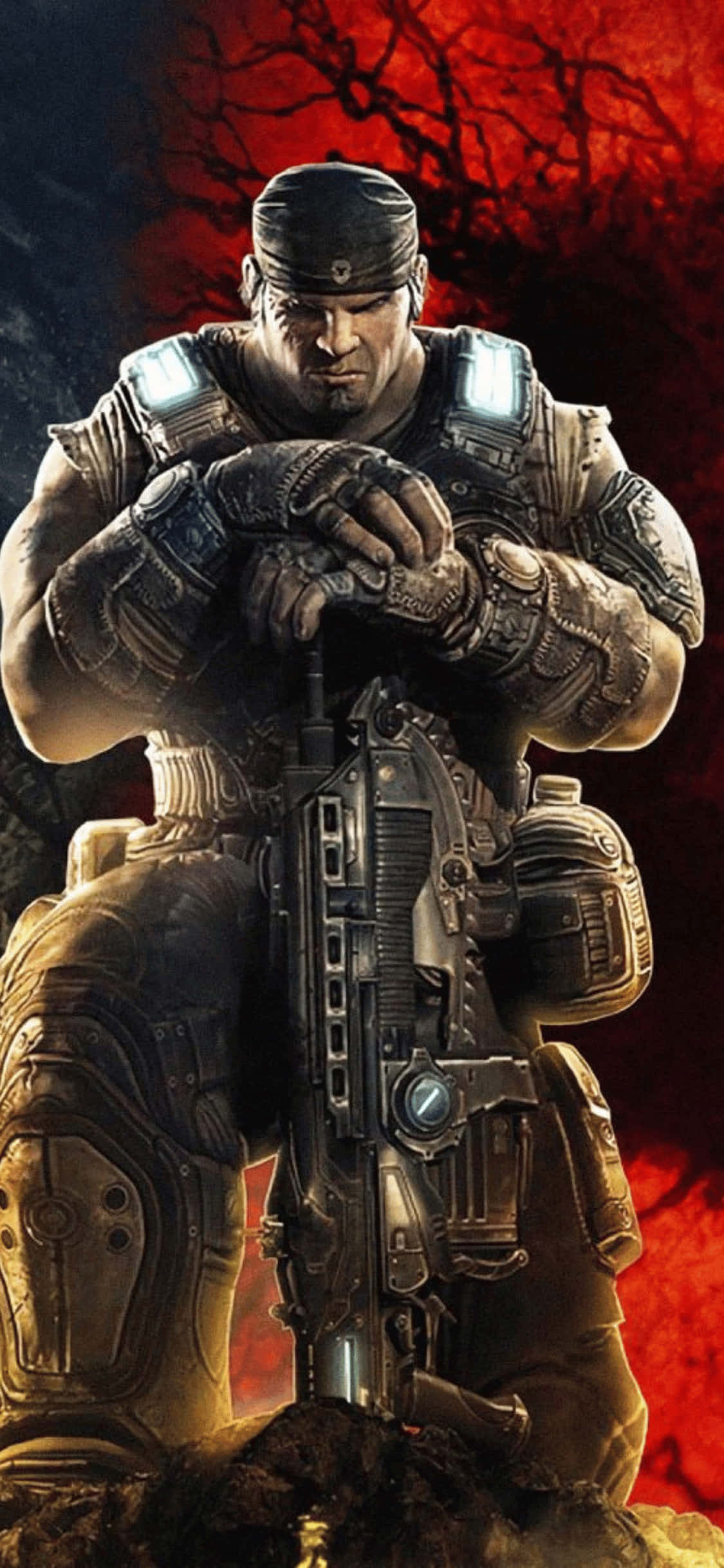 《Gears of War 3》PC 版遊戲 壁紙 — 一名重裝士兵握著未來武器，背景是火紅的天空和光禿的樹木。