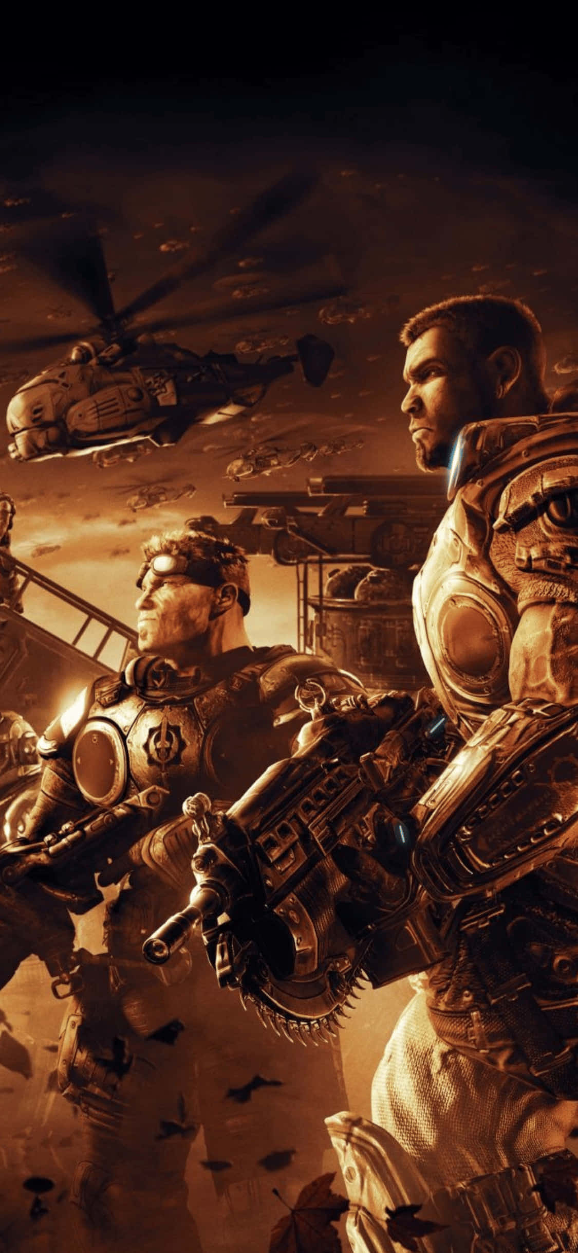 《Gears of War 3》遊戲壁紙 壁紙 — 兩名裝甲士兵在塵土飛揚的戰場上準備就緒，一架直升機在熾熱的天空下盤旋在他們頭頂。