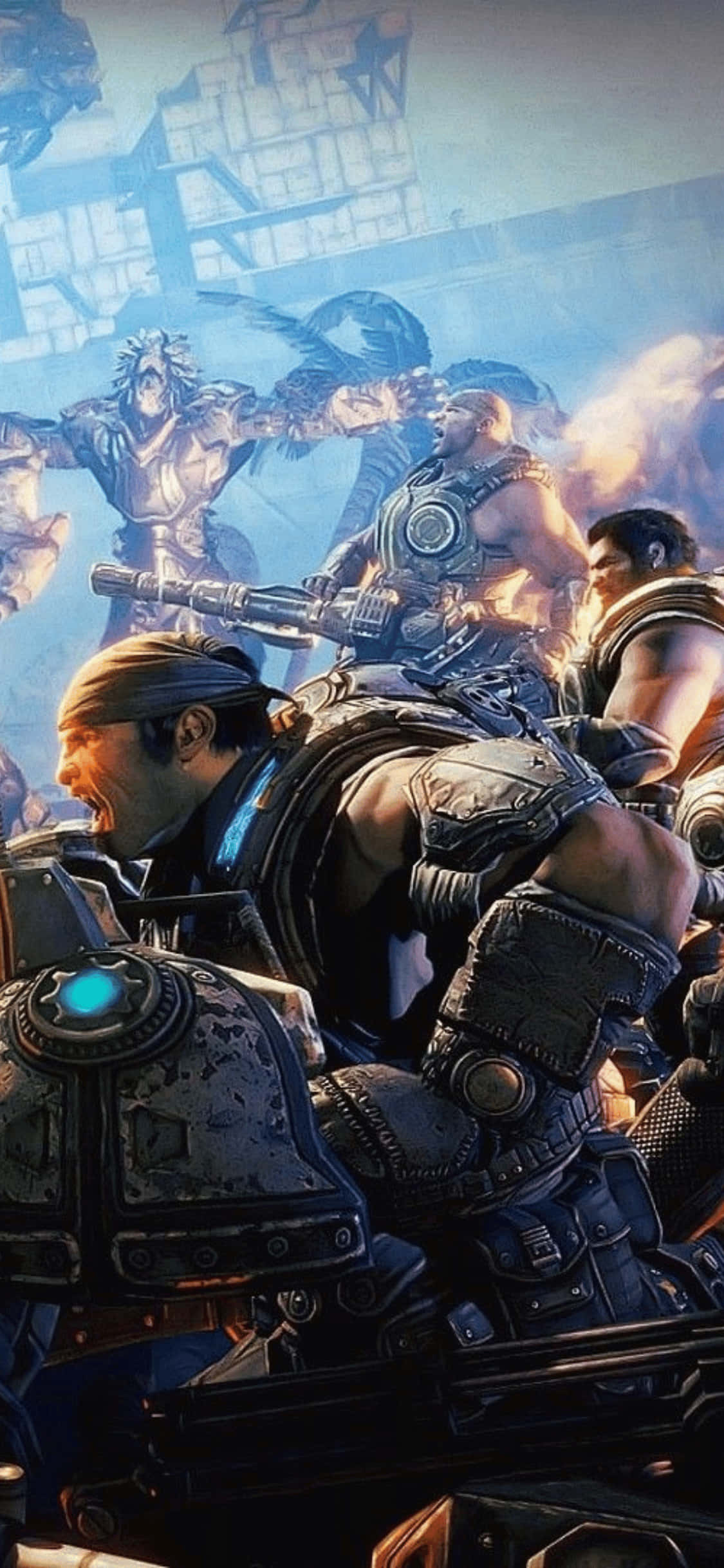 《Gears of War 3》遊戲截圖 壁紙 — 一群身穿重甲的戰士在未來戰鬥場景中，手持發光武器並伴隨著煙霧。