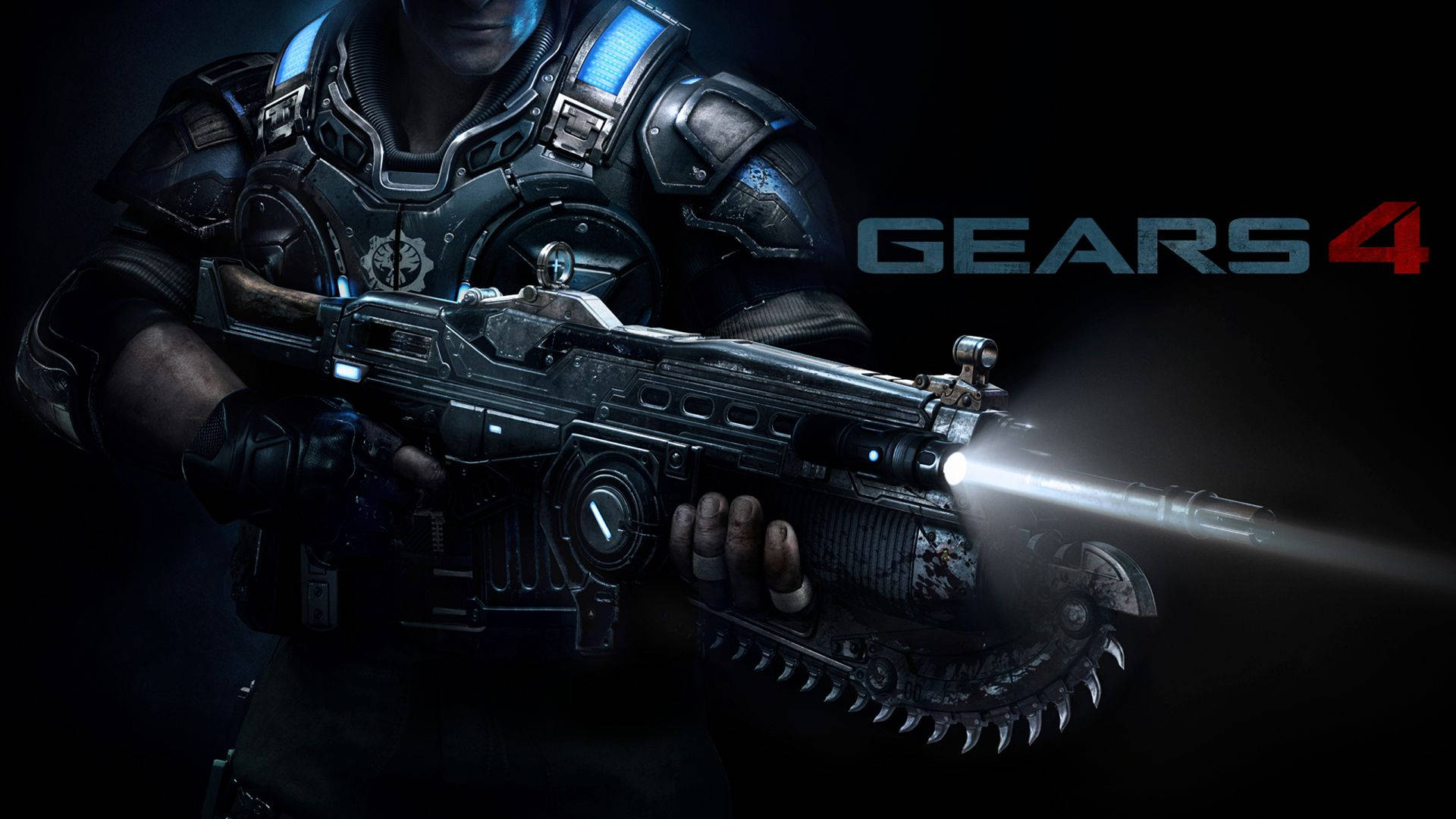 Gears Of War 4 遊戲海報 壁紙 — 一名身穿暗色盔甲的士兵在黑色背景上握著發光的未來武器，並帶有「GEARS 4」標誌。