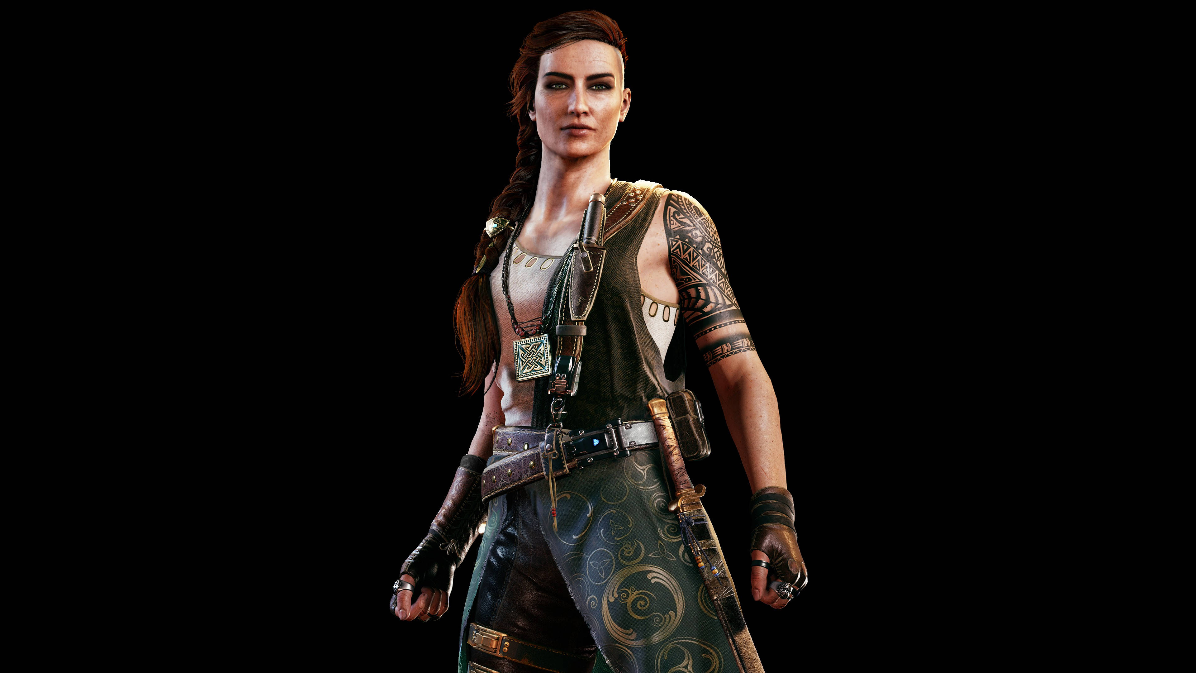 Gears of War 4 中的 Reyna Diaz 壁紙 — 一位辮子頭髮、帶有部落紋身的兇猛女戰士，自信地站在黑色背景前，穿著精緻的皮革盔甲，手持一把劍。