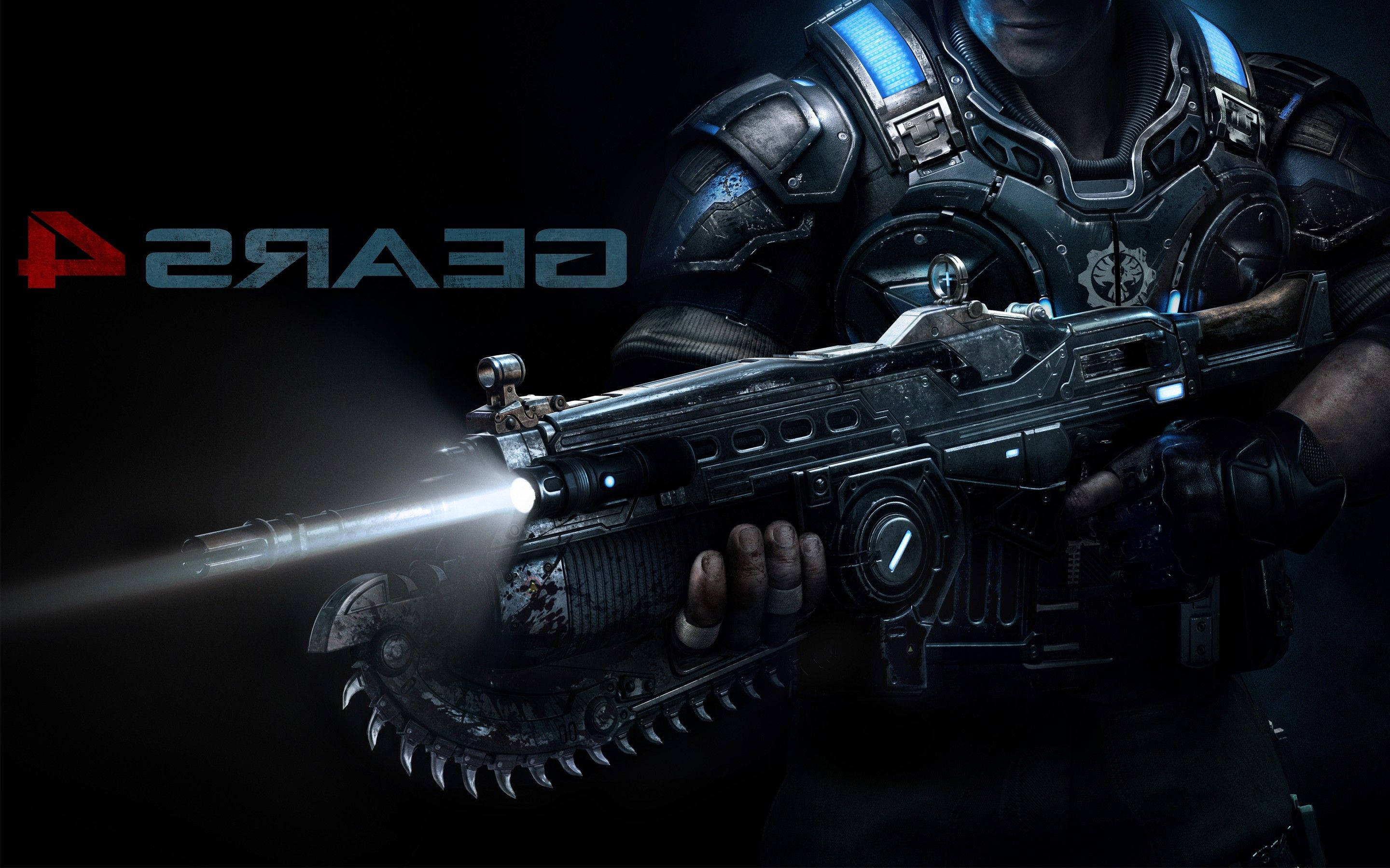 Gears of War 金屬武器 壁紙 — 一名身穿黑色盔甲的士兵在黑色背景上握著發光的鏈鋸步槍，帶有「Gears 4」標誌。