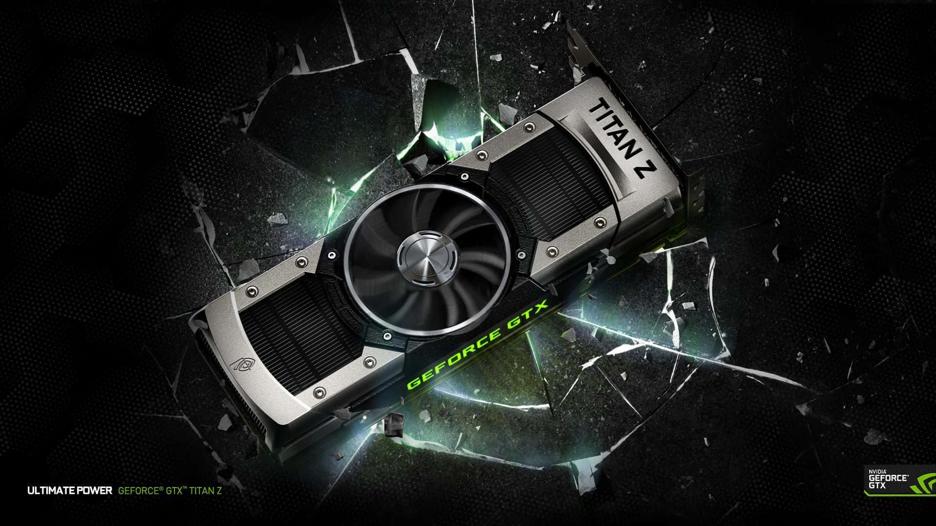 4K Graphics Cards 桌布 壁紙 — GeForce GTX Titan Z 顯示卡帶著發光的綠色能量，衝破一個裂開的黑色表面。