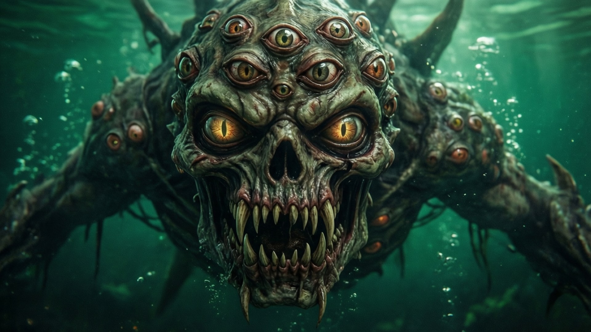 Subnautica 4K 桌布 壁紙 — 一個多眼、發光黃色眼睛、尖牙利齒的怪誕海怪從渾濁的綠色海水中浮現。