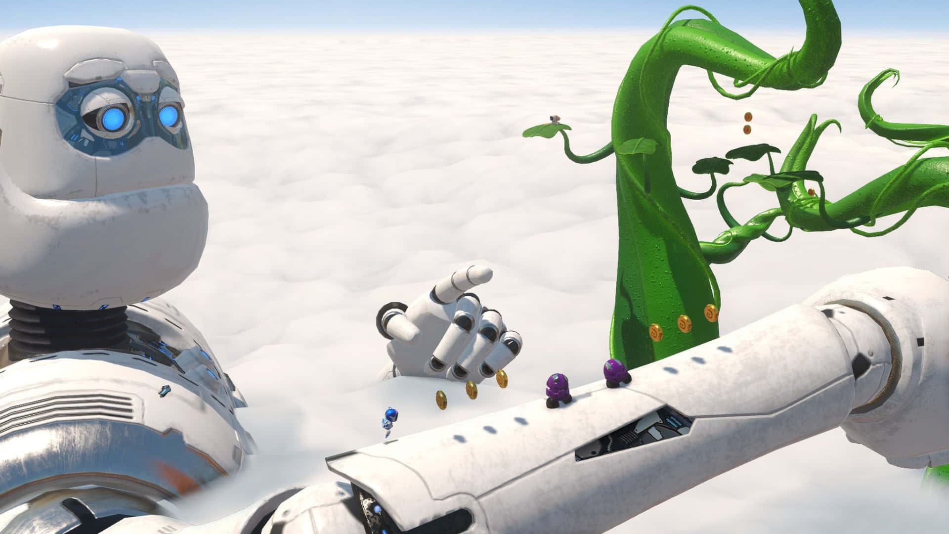  壁紙 — 一個擁有藍色發光眼睛的巨型機械人站在雲端上，旁邊有一個綠色藤蔓狀生物和幾個紫色小人物。