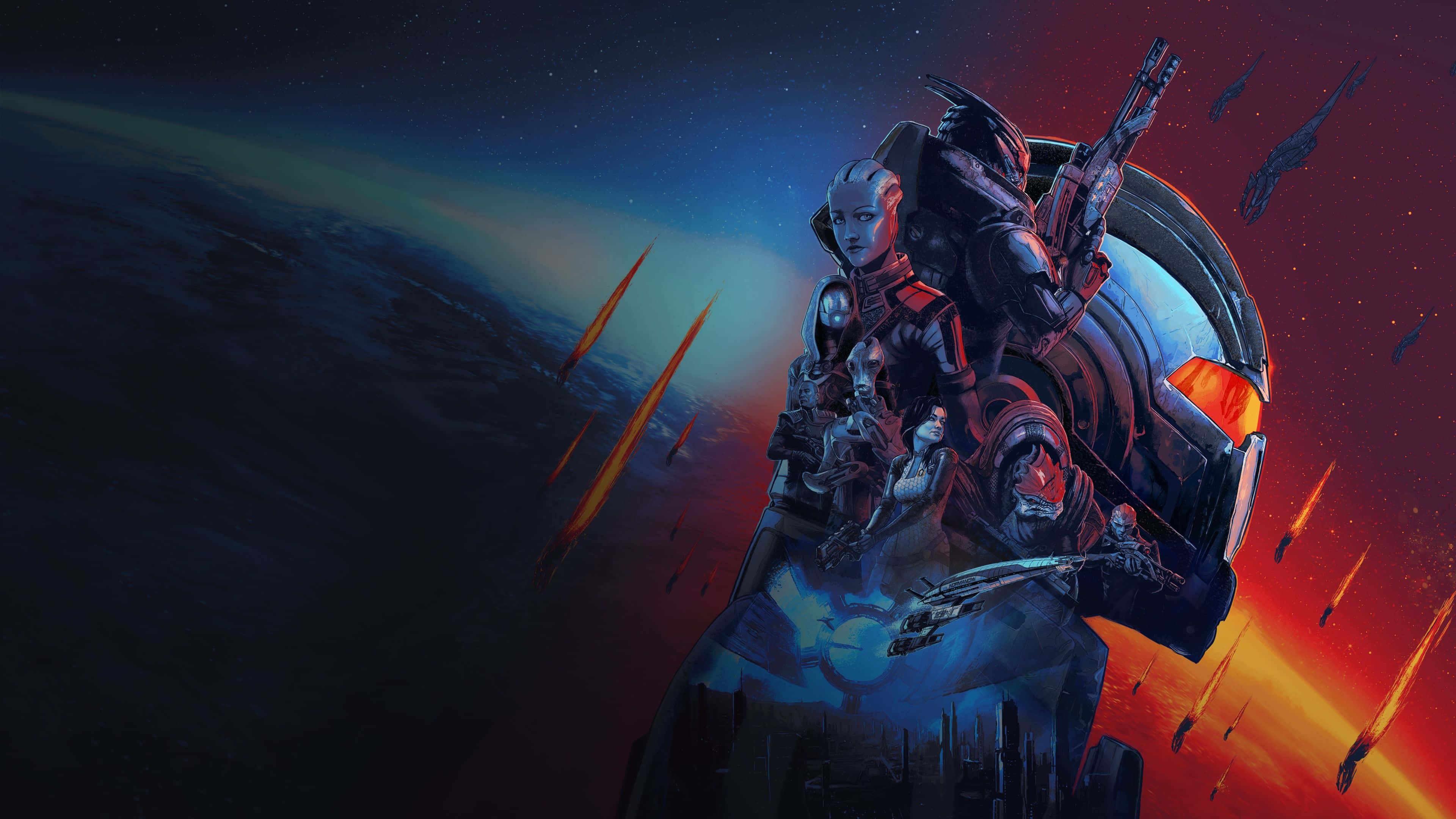 Mass Effect Legendary Edition 桌布 壁紙 — 一個未來戰士身穿盔甲，站在太空船上，背景是宇宙星辰和熾熱的流星。