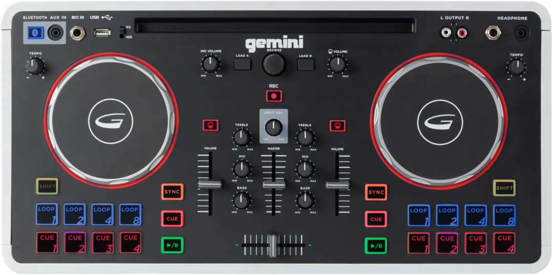 Gemini DJ控制器頂視圖 壁紙 — 專業黑色Gemini DJ控制器，帶有紅色點綴的轉盤和彩色功能按鈕。