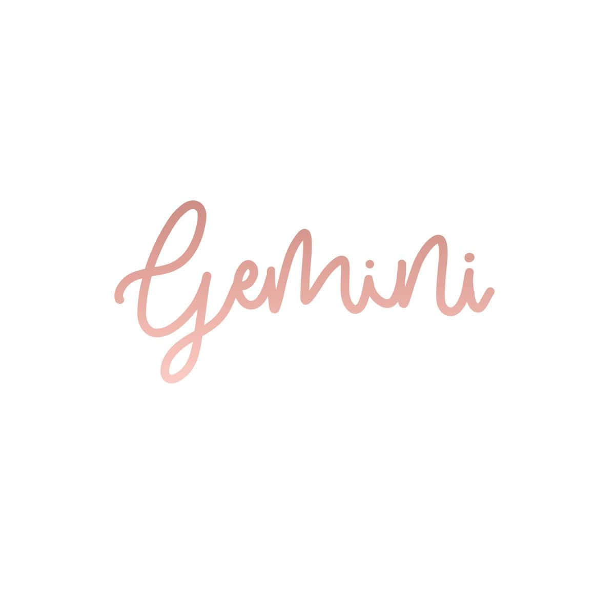 雙子座 桌布 壁紙 — 「Gemini」一詞以優雅的玫瑰金色草書字體居中書寫在潔淨的白色背景上。
