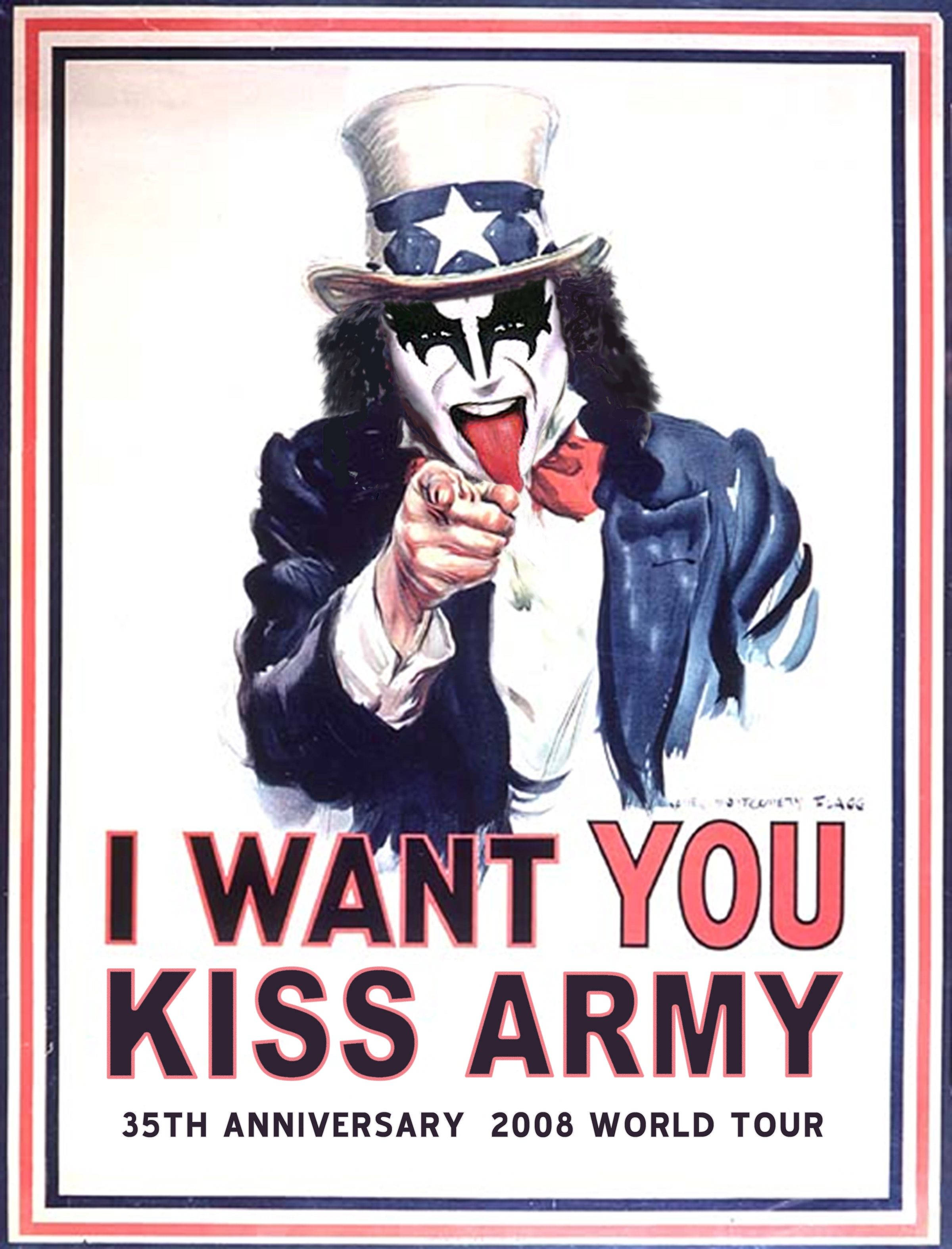 Gene Simmons 擔任 Uncle Sam 為 Kiss 樂隊 2008 世界巡迴宣傳 壁紙 — 一個風格化的山姆叔叔，戴著星條旗高帽和紅色領結，在白色背景前伸出舌頭直接指向觀眾。