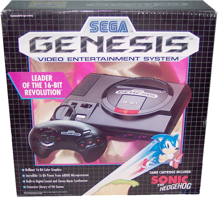 世嘉Genesis遊戲主機盒裝藝術圖 壁紙 — 復古 Sega Genesis 主機盒，帶有刺蝟索尼克和控制器，背景為網格，帶有粉紅色和黑色點綴。