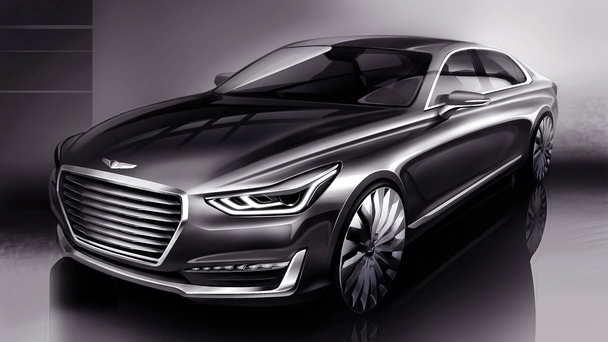 黑色現代Genesis G90 壁紙 — 一部線條銳利、頭燈閃亮的時尚銀色豪華轎車，在簡約的工作室環境中展示。