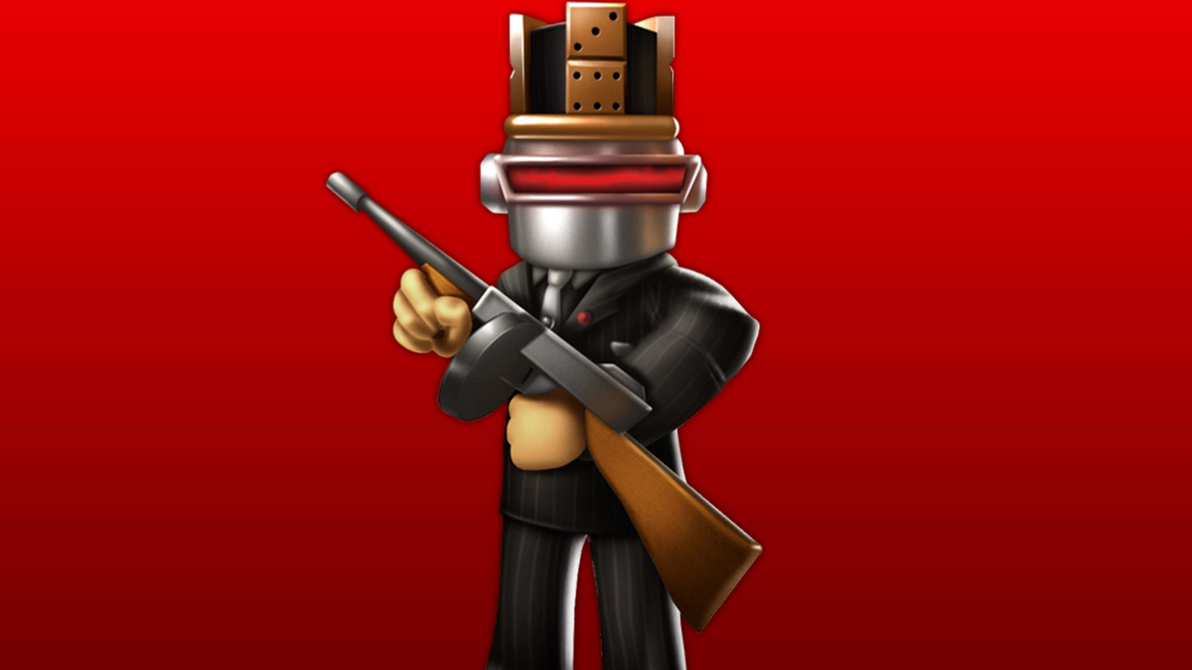 黑暗Genex Roblox角色 壁紙 — 一個風格化的方塊人物穿著西裝和骨牌皇冠，在純紅色背景前拿著步槍。