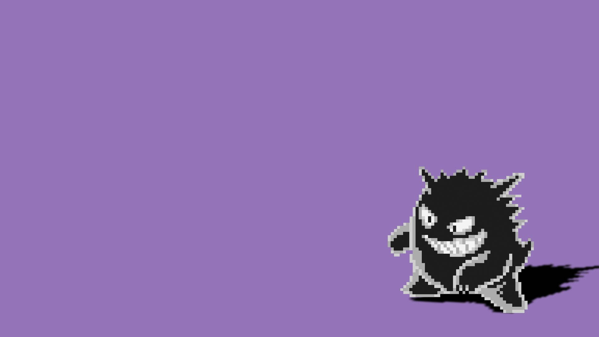 極簡主義 Gengar 像素 壁紙 — 一個像素化的幽靈寶可夢，咧嘴大笑，獨自站在純紫色背景前。