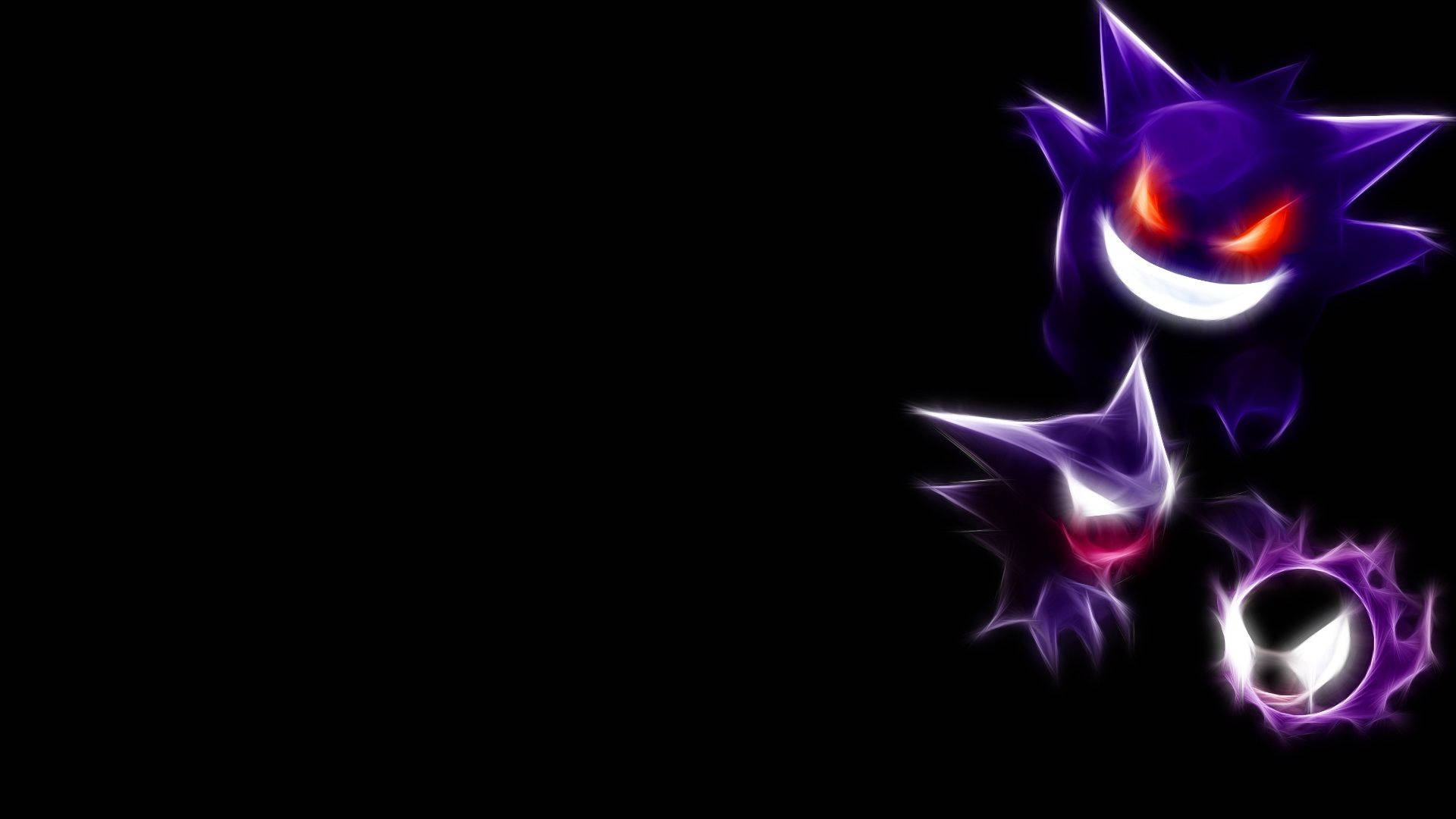 感受霓虹 Gengar 的恐懼 壁紙 — 三個發光的紫色鬼怪生物，帶有鋒利的尖刺和威脅性的紅色眼睛，漂浮在黑色背景上。