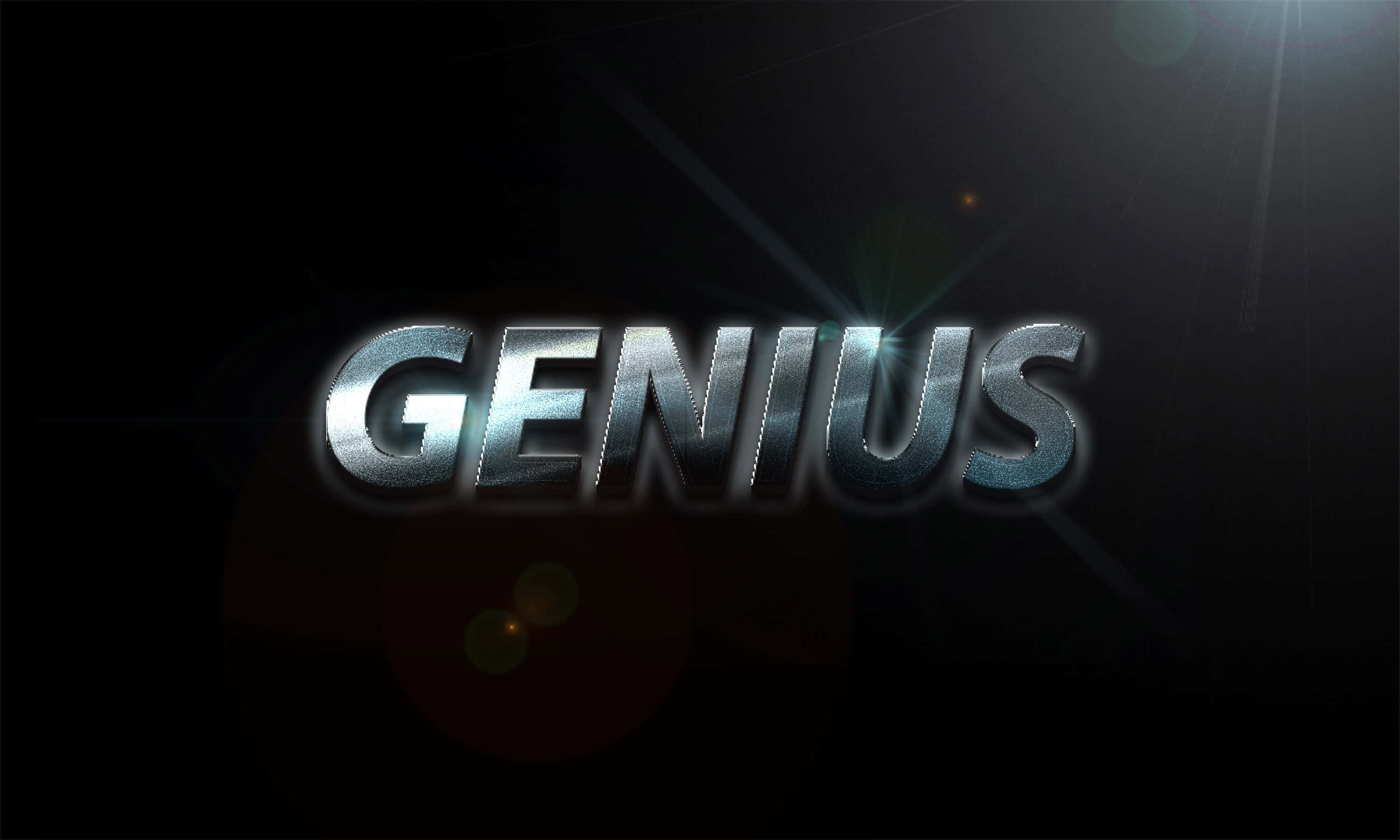 Dark Genius 桌布 壁紙 — 「genius」一詞以金屬3D字體在黑暗背景上發光，帶有戲劇性的鏡頭光暈。
