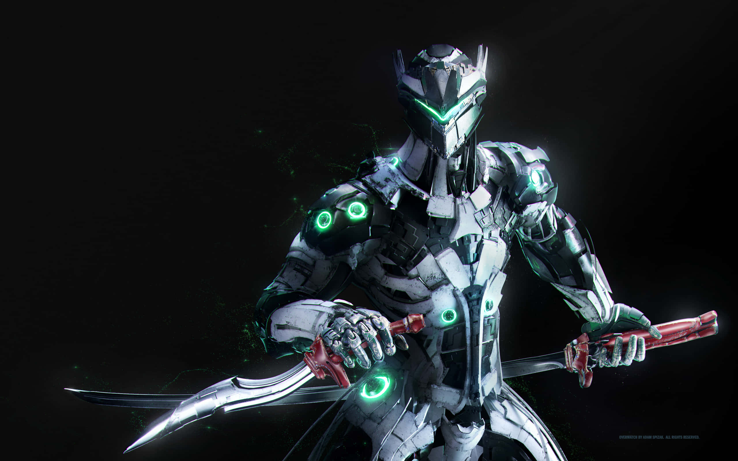 無敵 Genji — 掌握忍者閃避的藝術 壁紙 — 一位未來風格的裝甲戰士，擁有發光的綠色眼睛和電路，在黑暗虛空中揮舞兩把鋒利的劍。