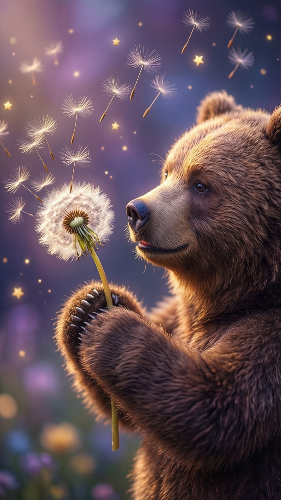Wish Bear's Magic Wish 壁紙 — 一隻溫柔的棕熊拿著蒲公英，其種子飄向星光點點的紫色暮色天空。