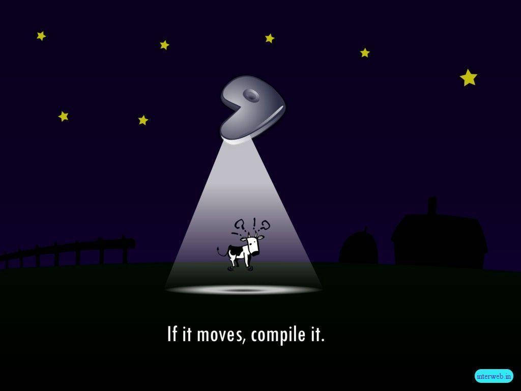 Gentoo Linux 搞笑筆電 壁紙 — 一隻卡通牛在UFO的聚光燈下受驚，背景是星空下的田野和農舍剪影。