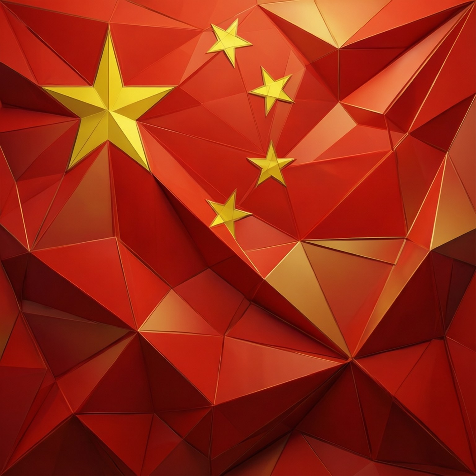 中國國旗的紅色和金色低多邊形幾何表示，帶有五顆星。