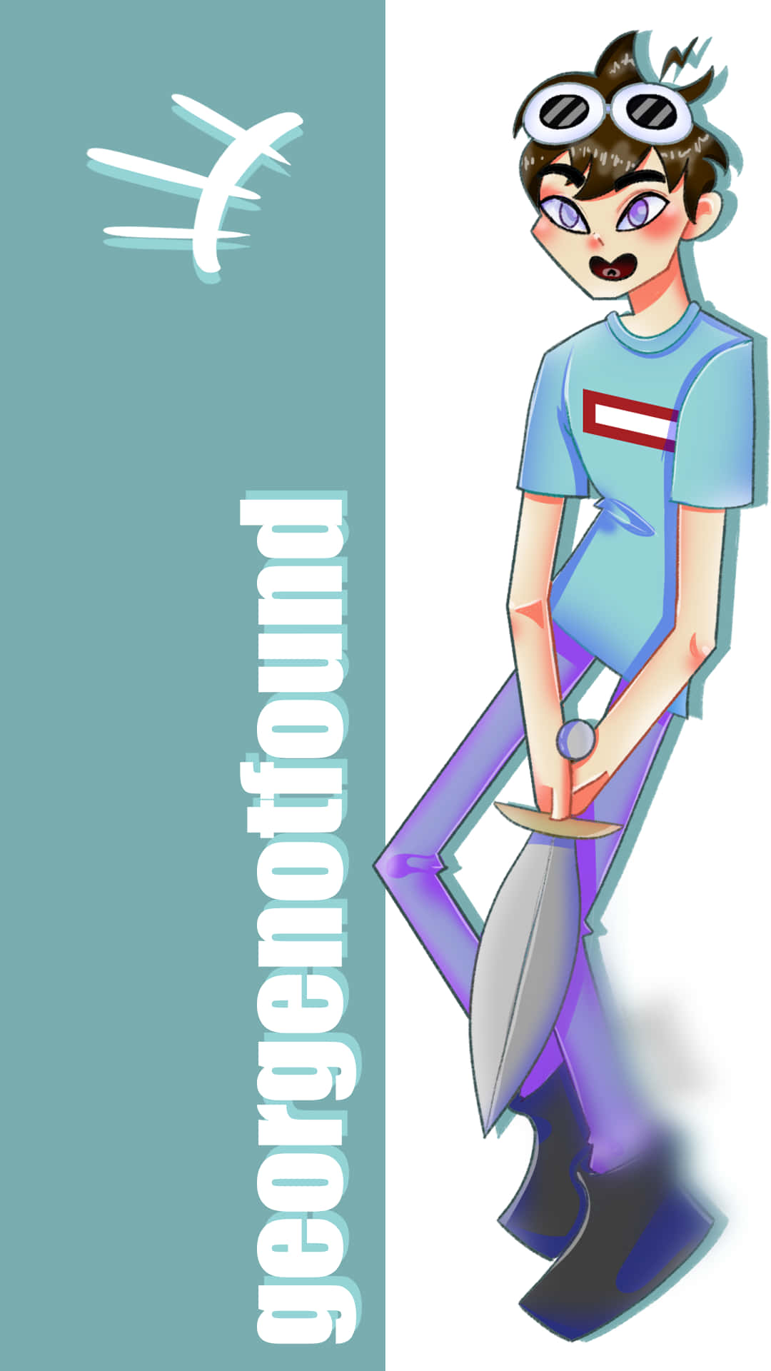 GeorgeNotFound 動畫海報 壁紙 — 一個風格化的動漫角色，戴著護目鏡和一把劍，站在一個分為青綠色和白色的背景前，背景上有飛機圖標和文字。