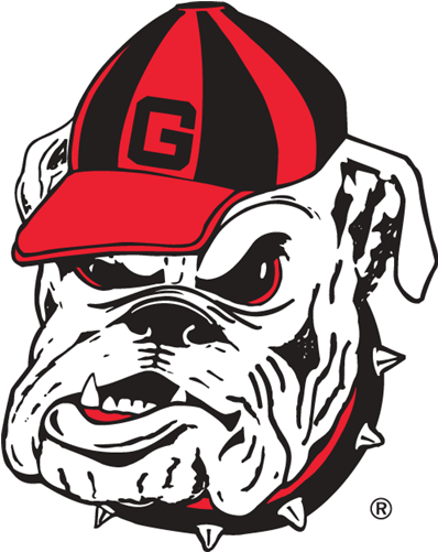 Georgia Bulldogs 標誌 壁紙 — 一隻兇猛的鬥牛犬吉祥物戴著紅黑帽，上有醒目的G標誌，在風格化的卡通插圖中露出尖牙。