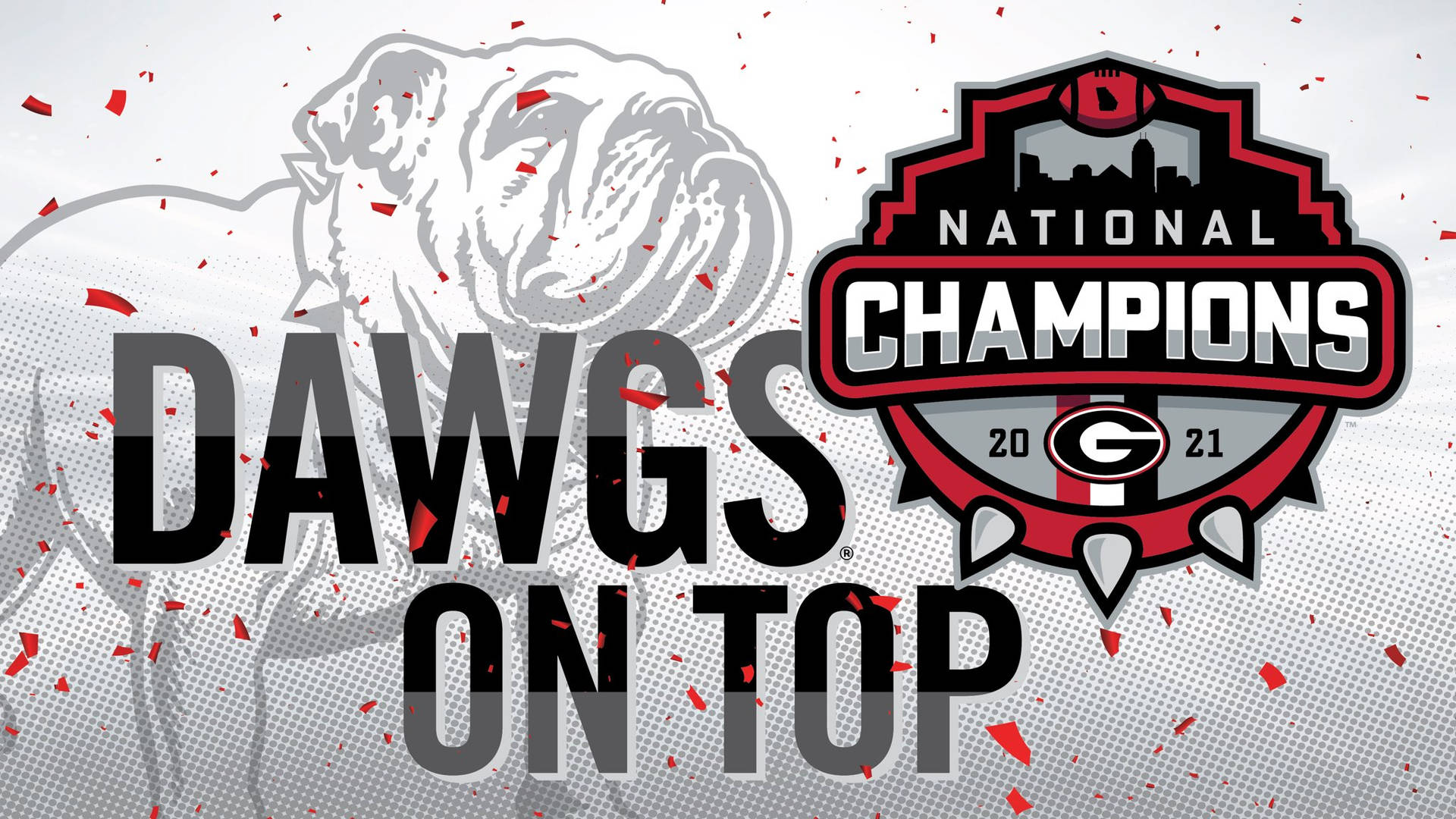 Georgia Bulldogs 頂峰 壁紙 — 大膽的圖形以五彩紙屑和鬥牛犬剪影慶祝佐治亞鬥牛犬隊成為2021年全國冠軍。