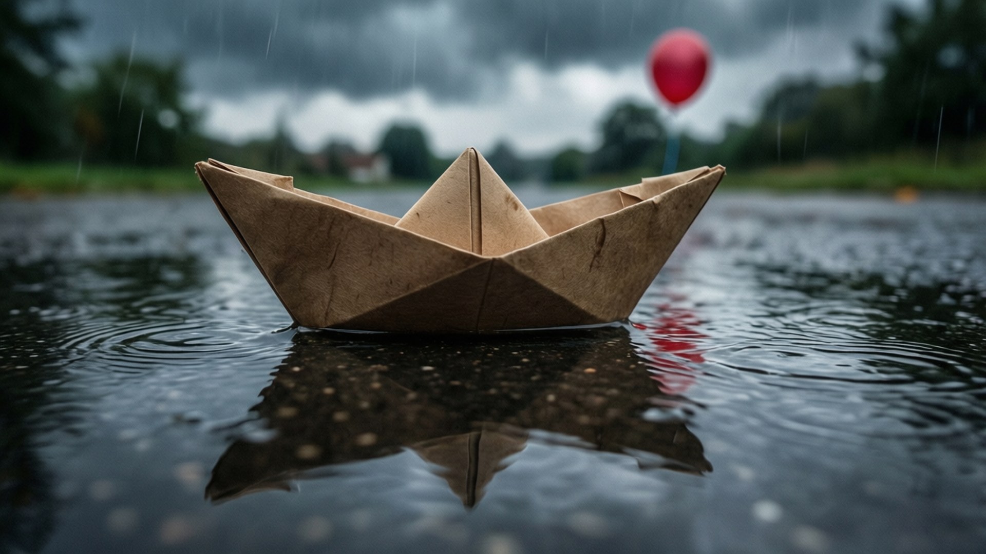 一艘紙船在潮濕的路面上漂浮，在雨天天空下，遠處有一個紅色氣球。