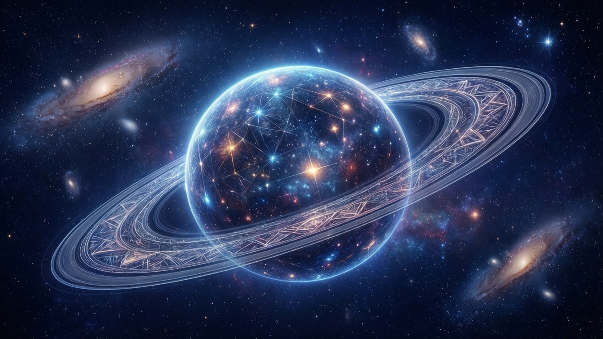 Geostar 宇宙領域 壁紙 — 一顆發光的行星帶有複雜的環，在旋轉的星系和閃爍的星星之間，於宇宙廣闊中運行。