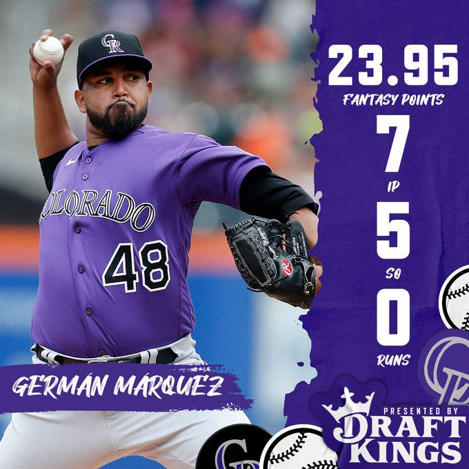身穿科羅拉多落磯隊球衣的棒球投手German Marquez正在投球，並帶有統計圖形。