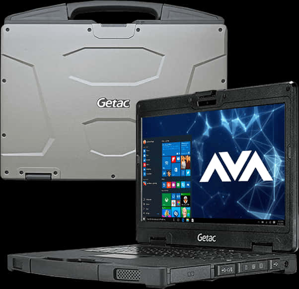 堅固型 Getac 品牌筆電 壁紙 — 堅固的Getac手提電腦配備保護殼，在深色背景上顯示Windows桌面。