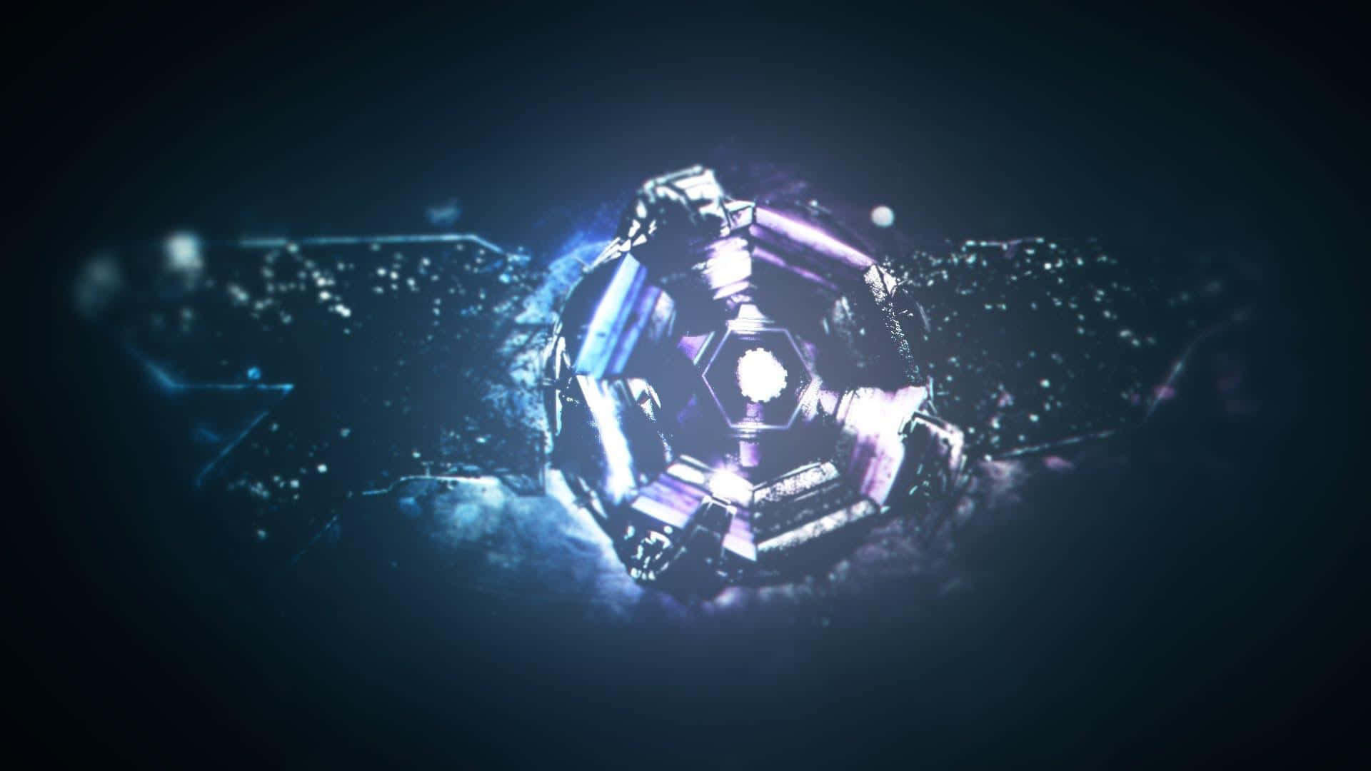 八角金屬 GFX 背景設計 壁紙 — 一個發光的六角形衛星，帶有紫色和藍色燈光，在深空中環繞，周圍有星星和宇宙塵埃。