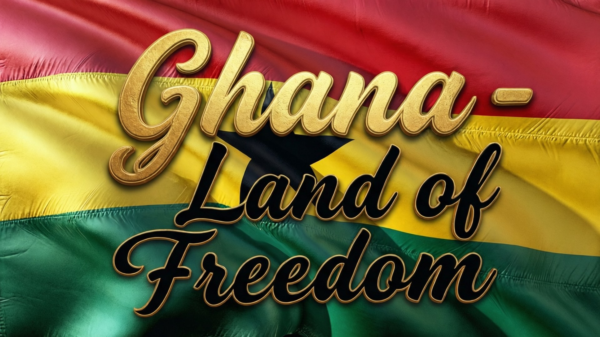 加納國旗，上面有金色和黑色的 Ghana Land of Freedom 文字。