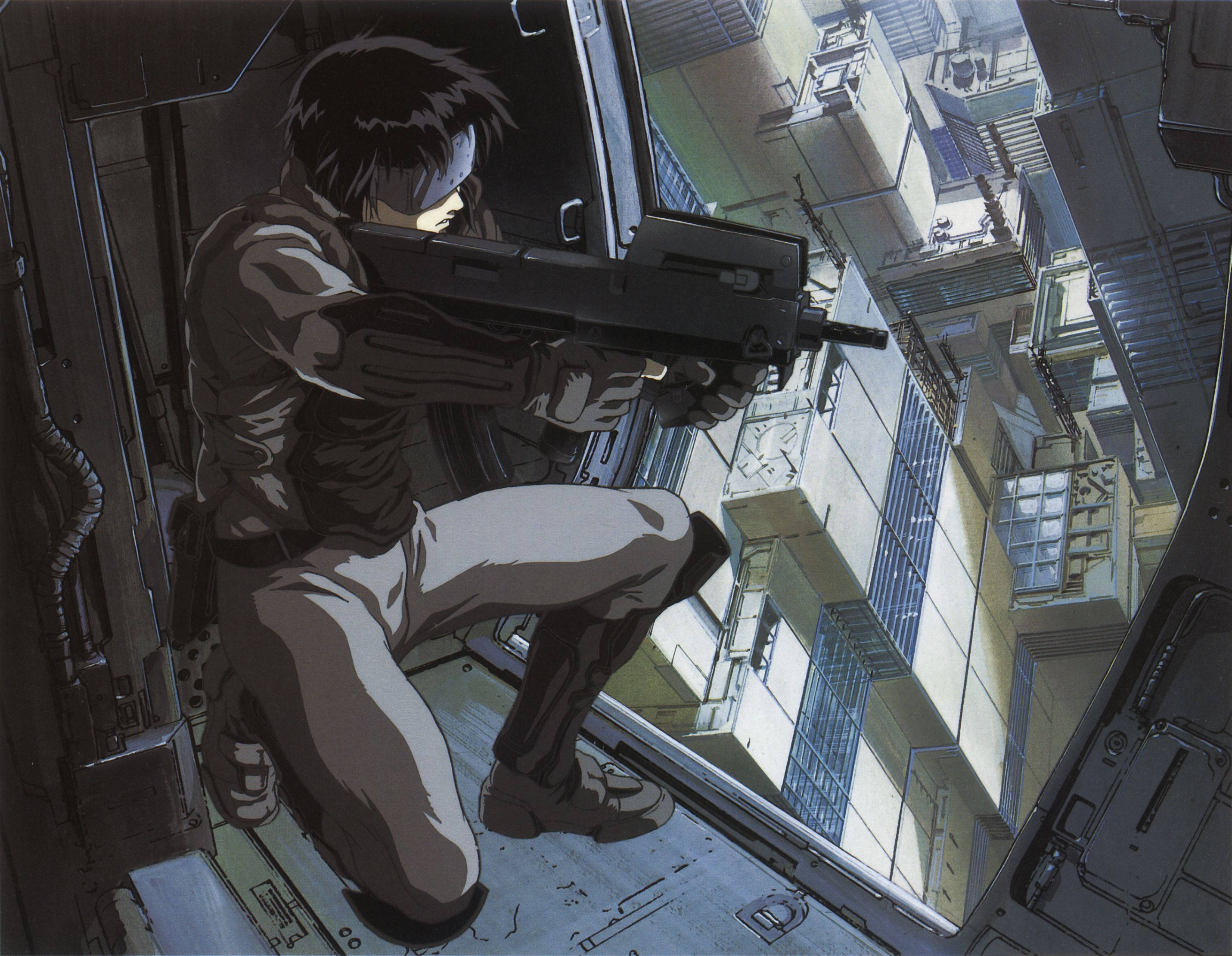 Ghost In The Shell Kusanagi Weapon 壁紙 — 一名士兵蹲在直升機門口，用步槍瞄準下方密集的城市峽谷。
