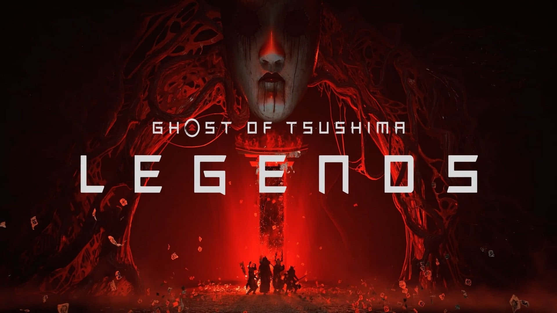 對馬戰鬼 桌布 壁紙 — 《Ghost of Tsushima Legends》中一個詭異的紅色場景，顯示一個幽靈般的面孔懸浮在下方剪影戰士之上。