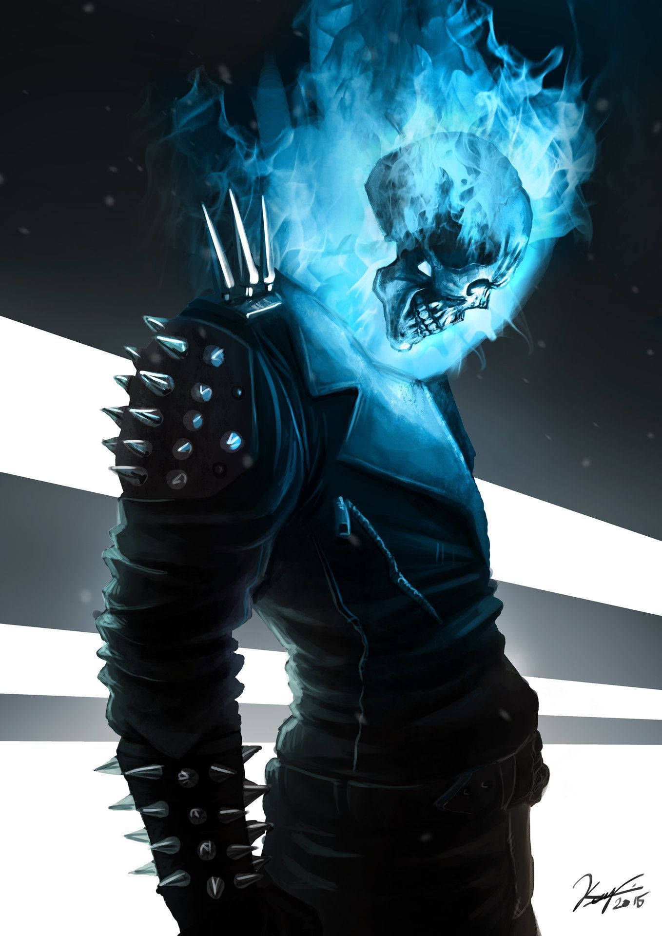 鬼 Rider 桌布 壁紙 — Ghost Rider 擁有藍色火焰頭骨和帶釘皮革盔甲，站在鮮明的黑白條紋背景前。